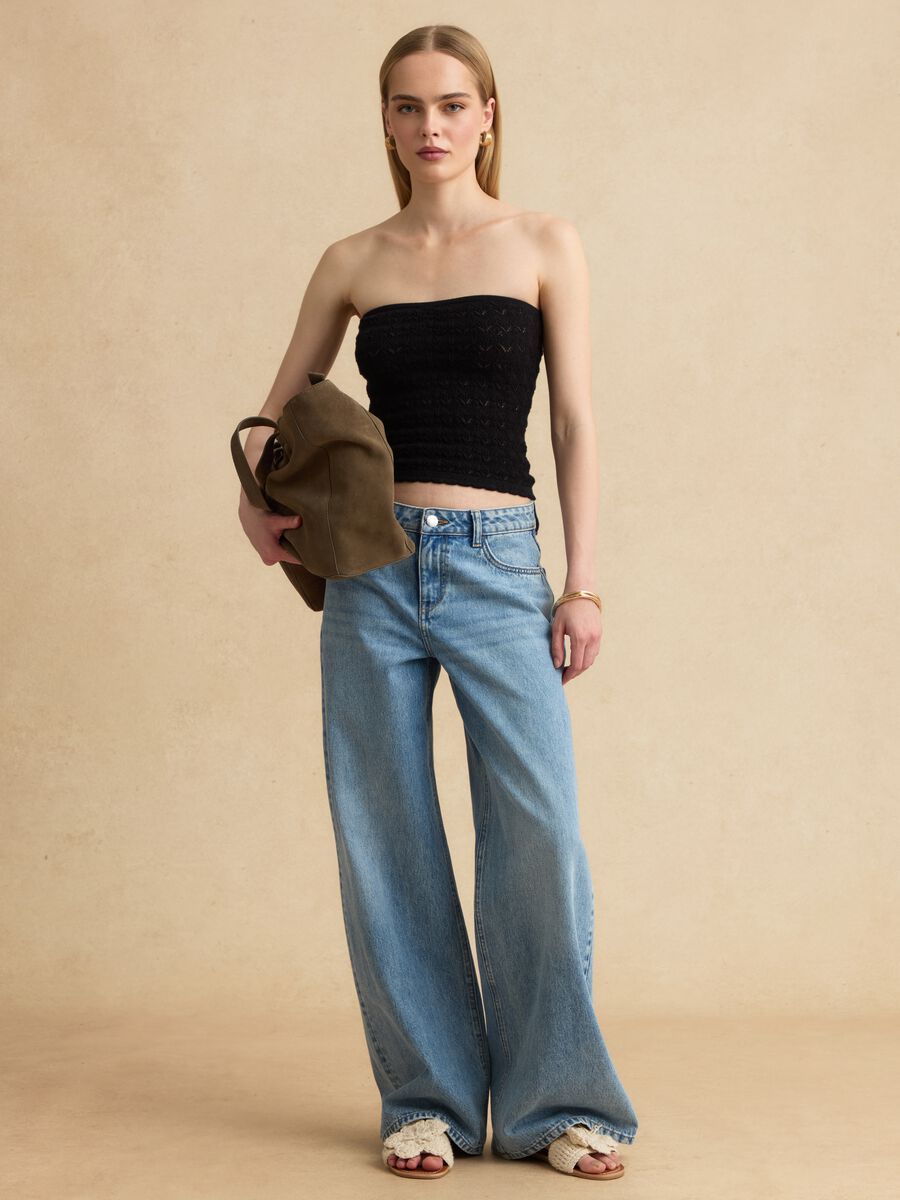 Schwarzes Bandeau-Top aus reiner Baumwolle in Strick_1