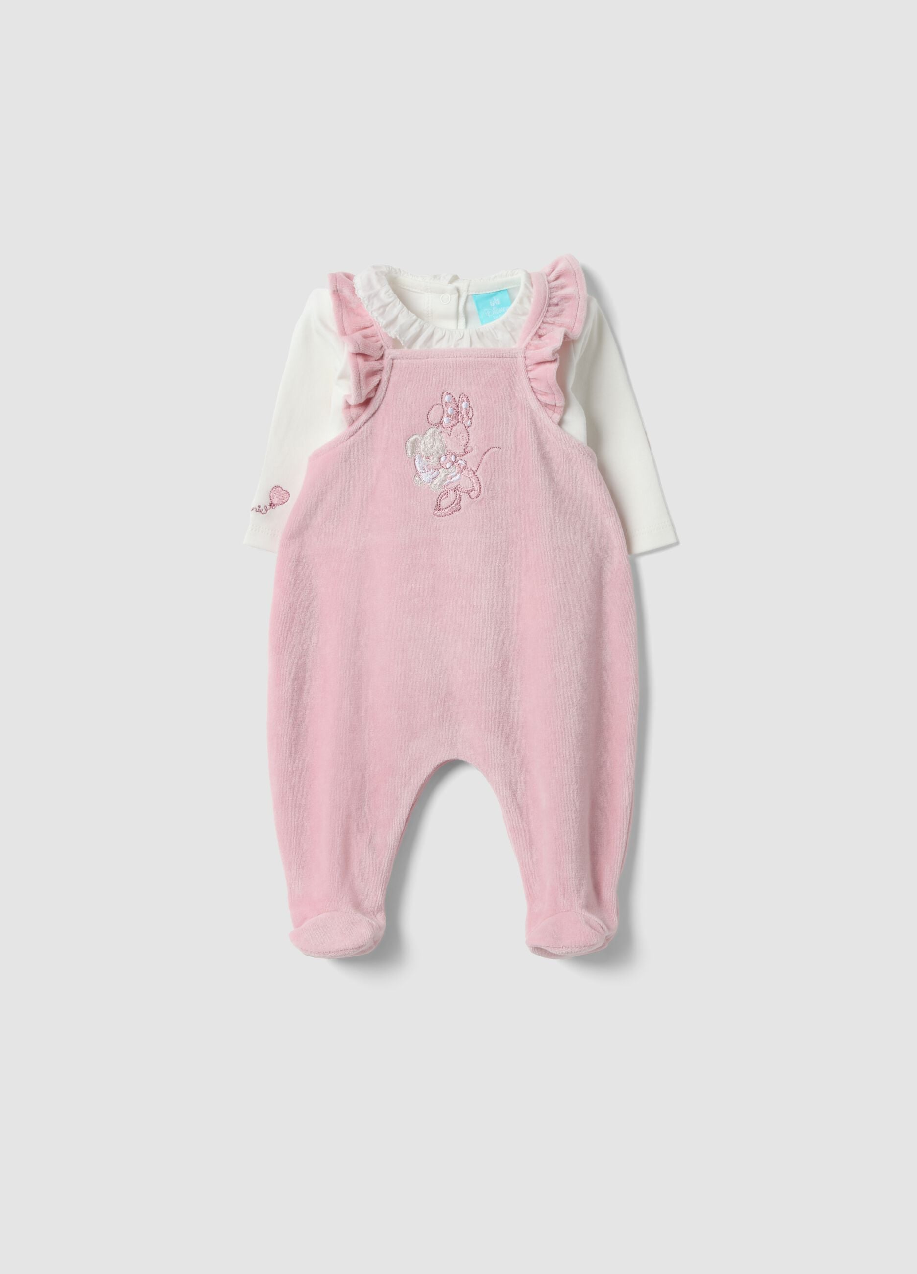 Conjunto rosa e branco em mistura de algod&atilde;o org&acirc;nico com bordado da Minnie para beb&eacute; menina