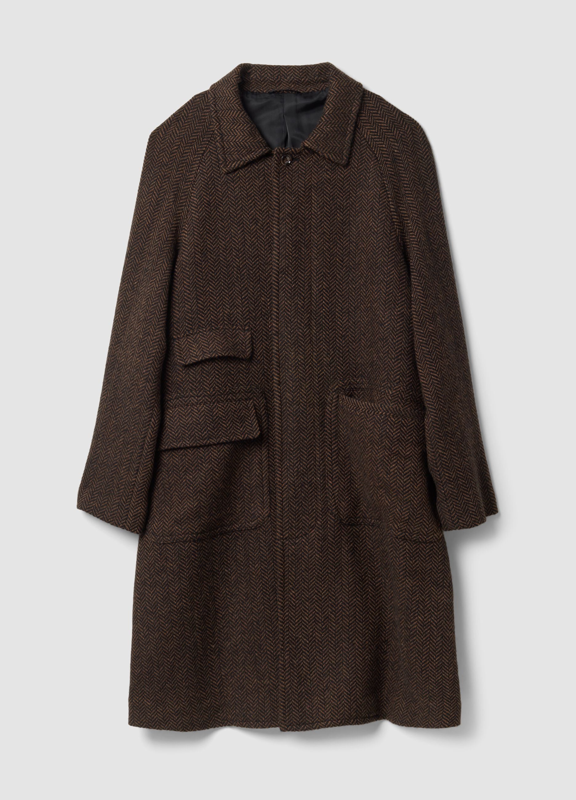 Brown and black wool-blend herringbone overfit coat