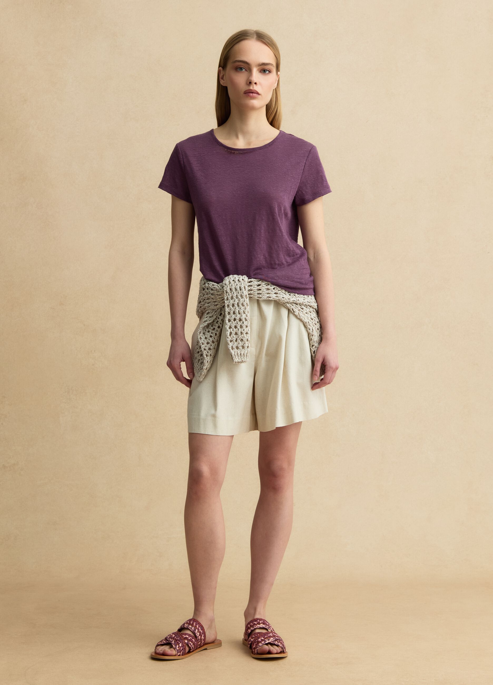 Violettes Kurzarm-T-Shirt aus reinem Leinen, Regular Fit