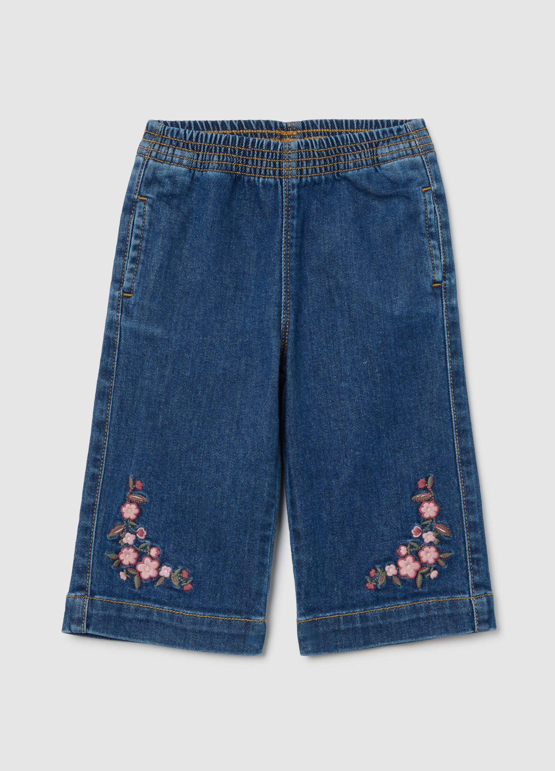 Blue denim wide leg trousers with embroidery for girls