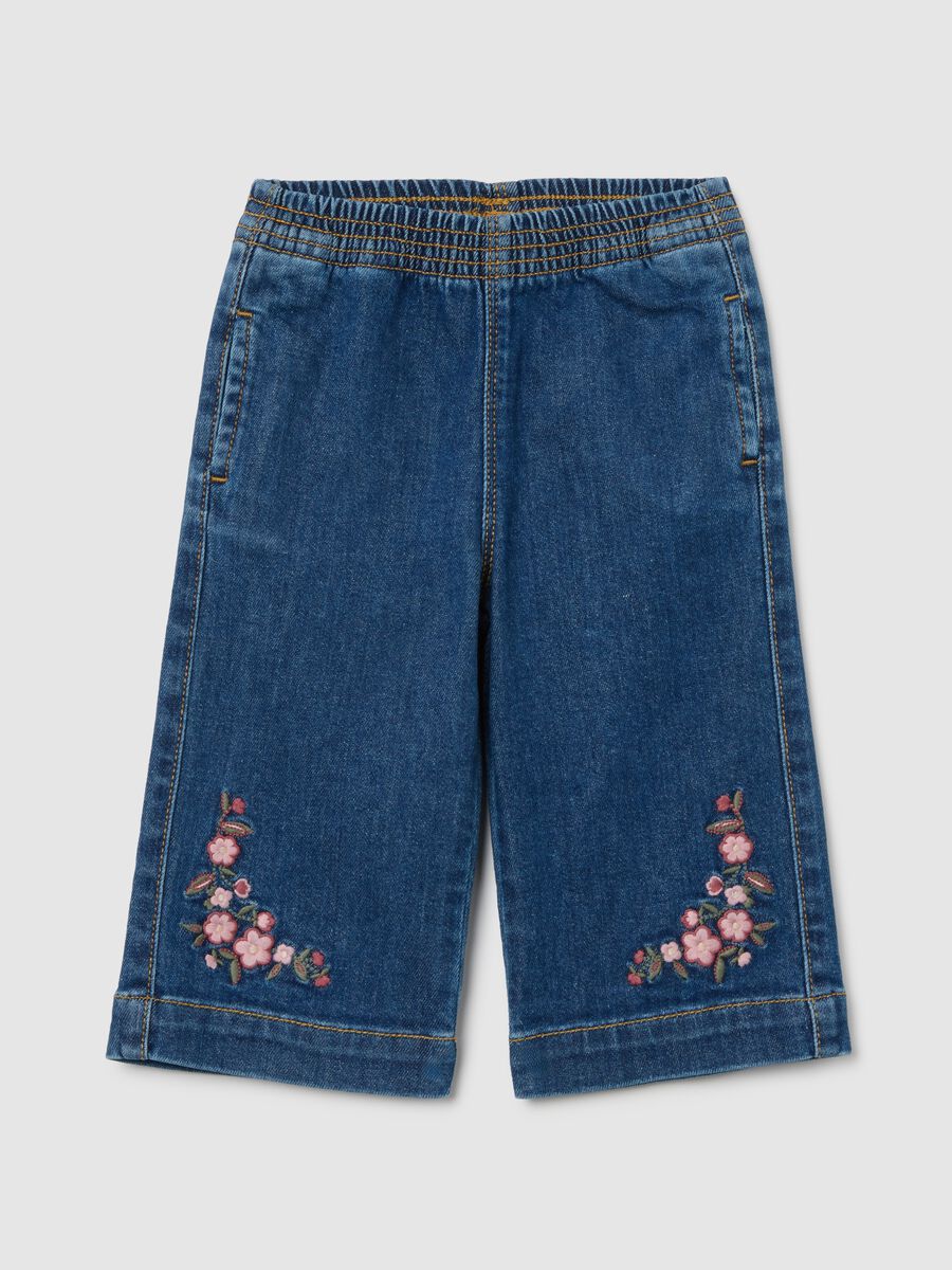 Blue denim wide leg trousers with embroidery for girls_0
