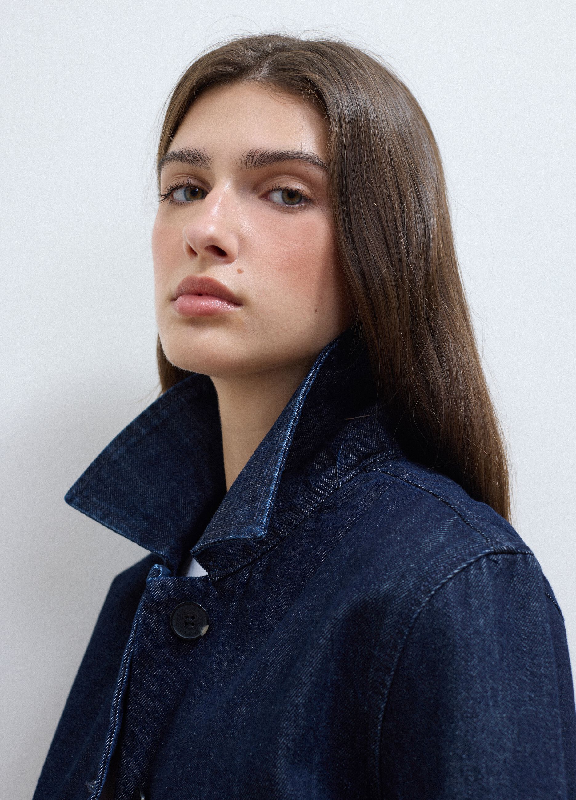 Blue cropped pure cotton denim jacket, regular fit