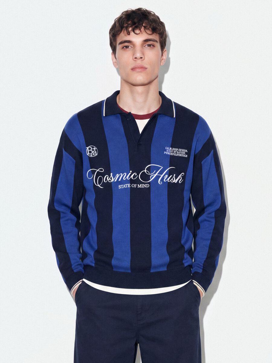 Blue and black pure cotton polo-collar top with oversized fit_0