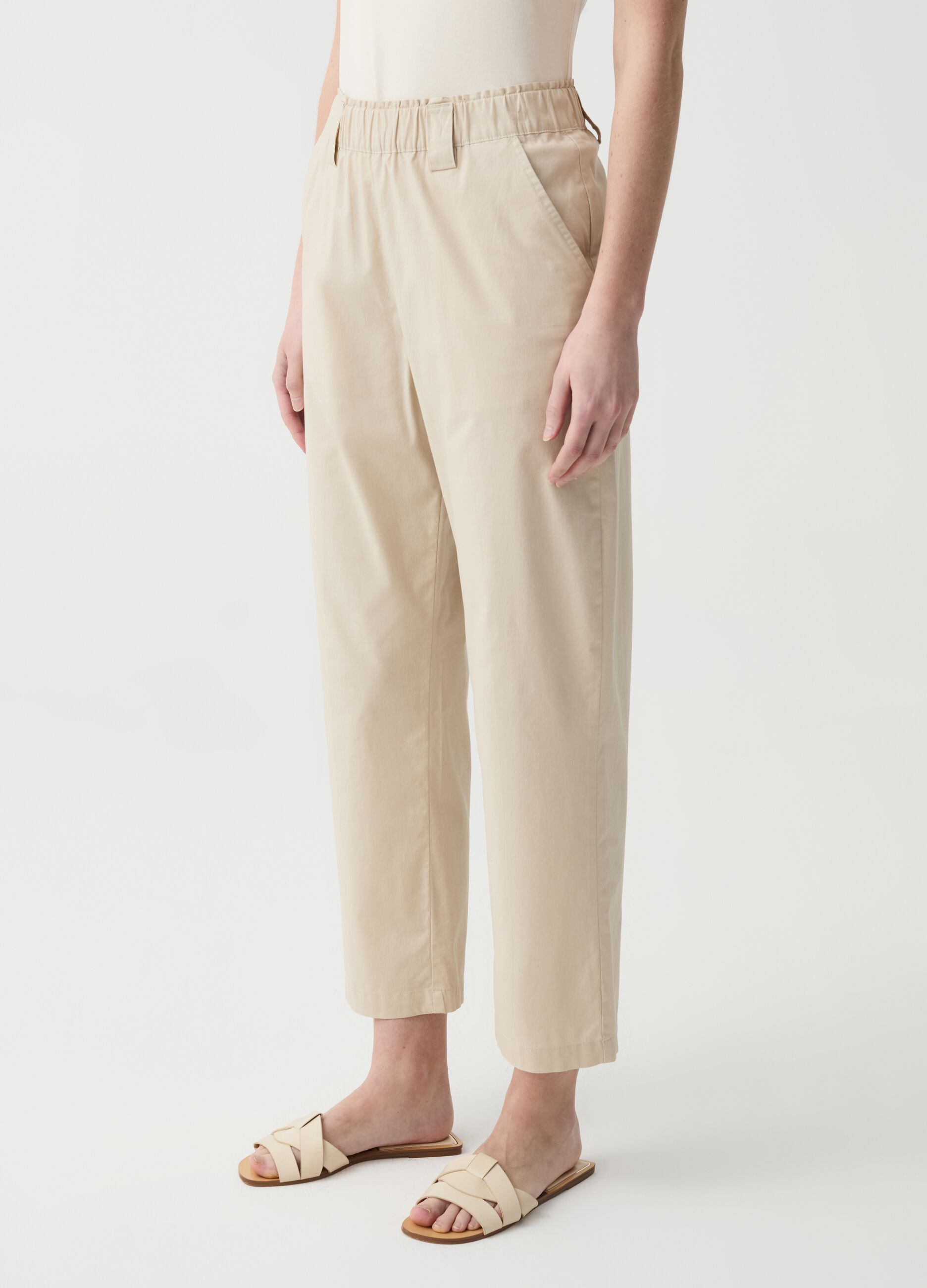 Pantalone crop wide leg in cotone stretch