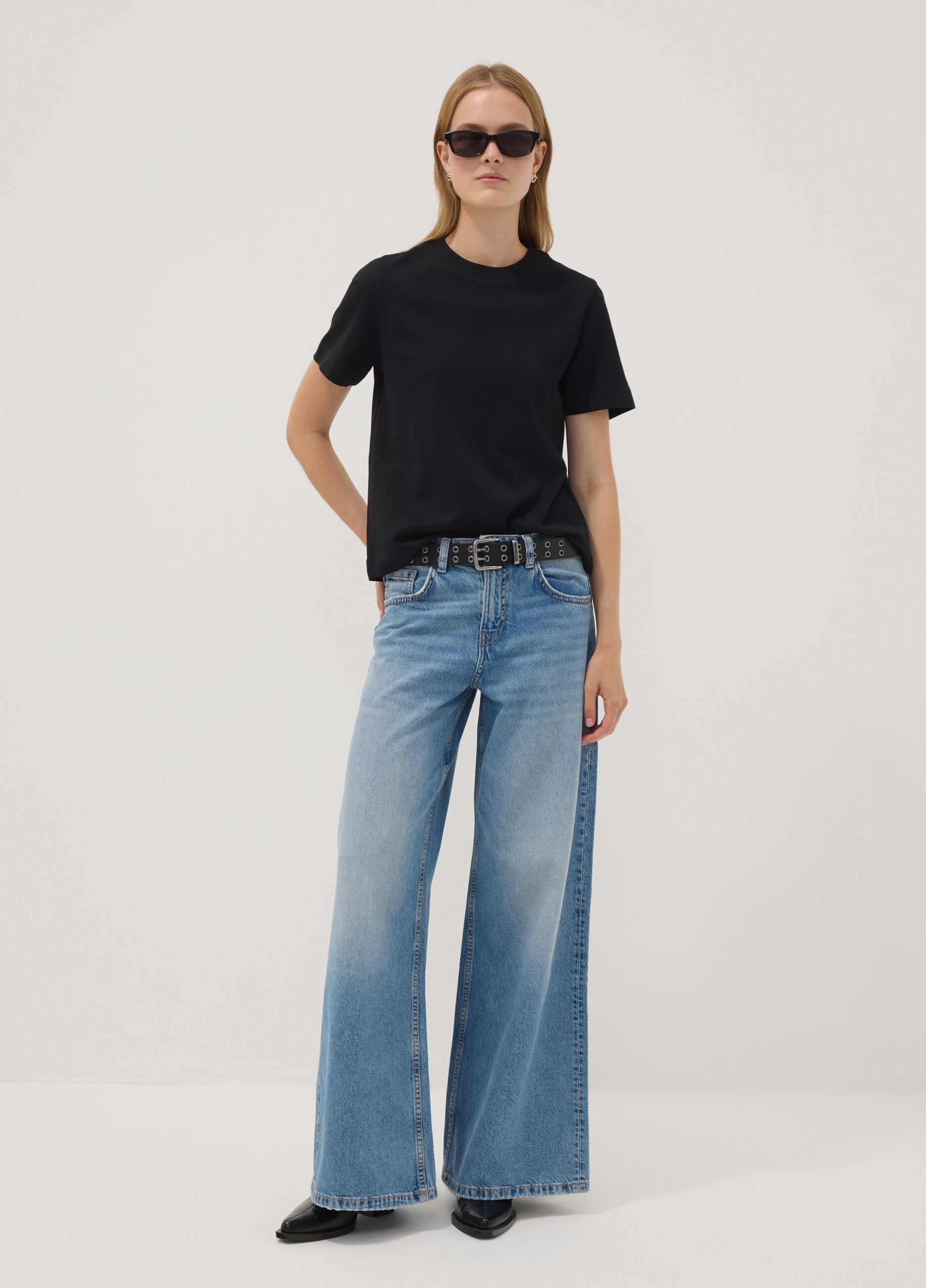 Light Blue Low-Rise Pure Cotton Wide-Leg Jeans