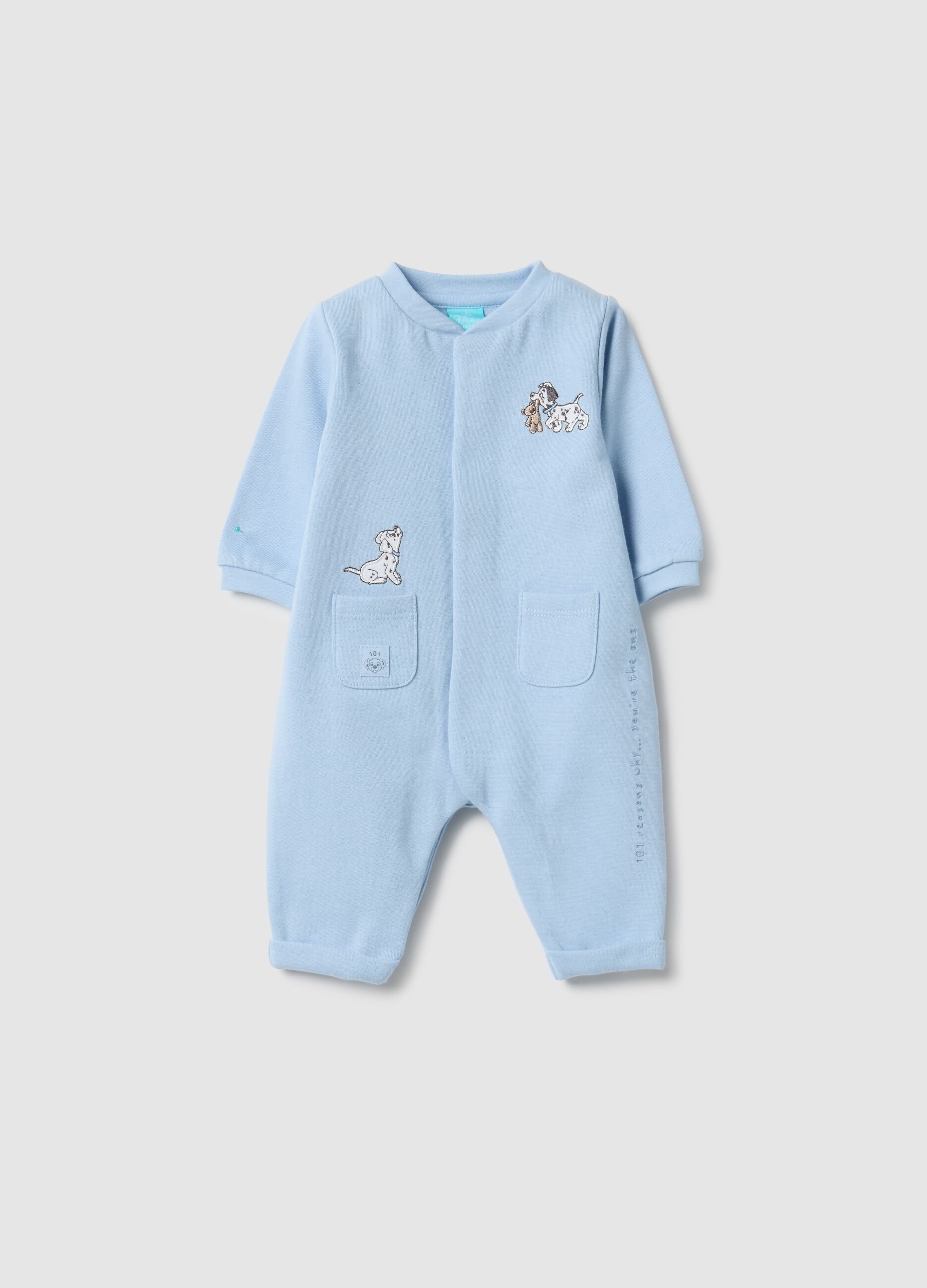 Baby blue romper in pure cotton with appliqu&eacute;s