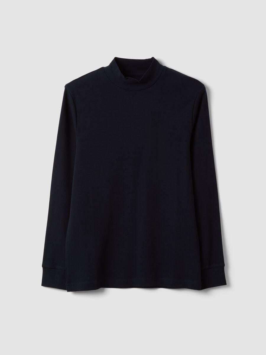 T-shirt blu in puro cotone con collo rialzato strutturato_0