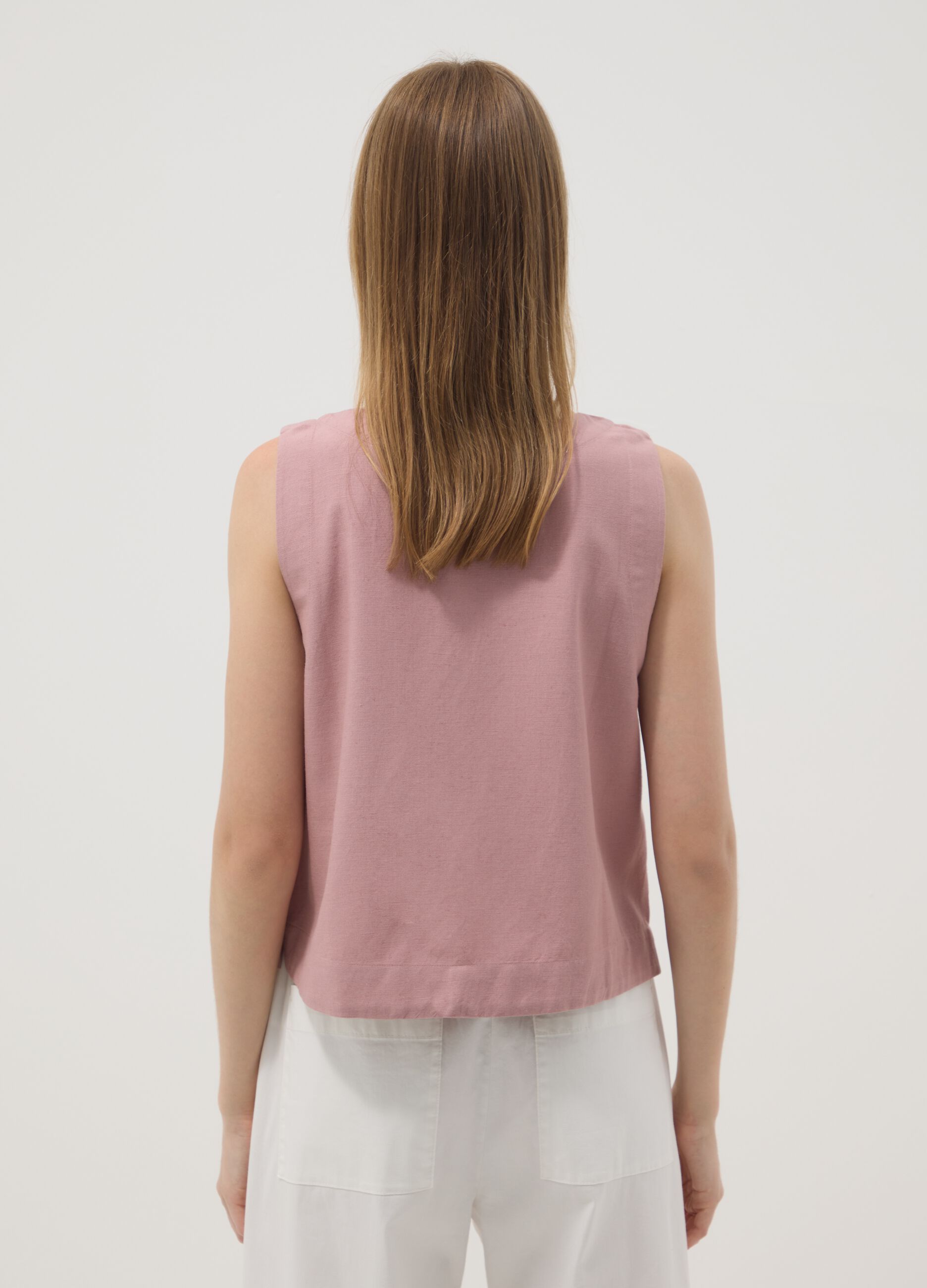Top rose en m&eacute;lange viscose, coton et lin, coupe regular