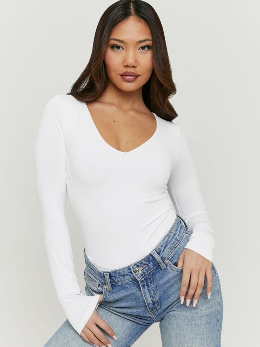 Weisses Longsleeve mit tiefem V-Ausschnitt aus reiner Baumwolle, Regular Fit_0