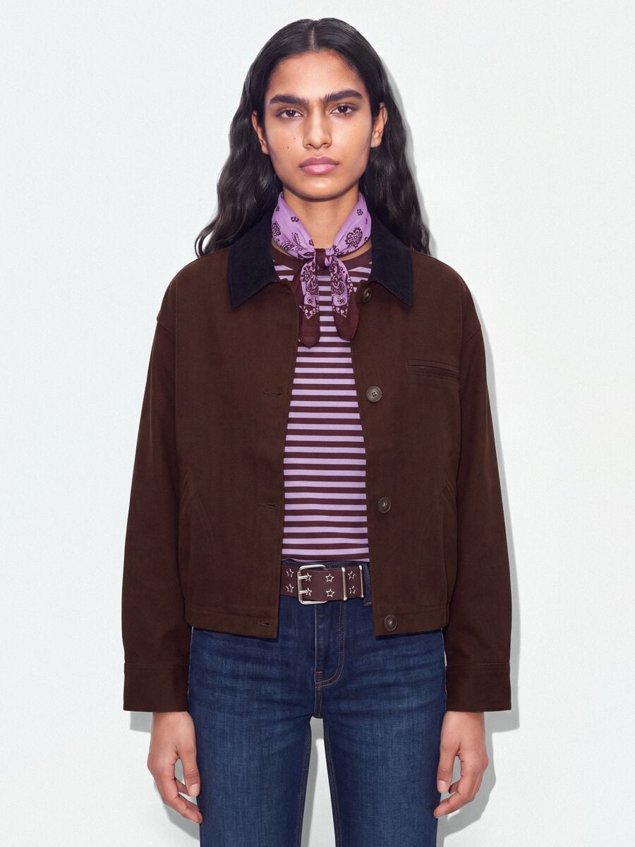 Brown pure cotton bomber jacket with contrasting collar, regular fit_0