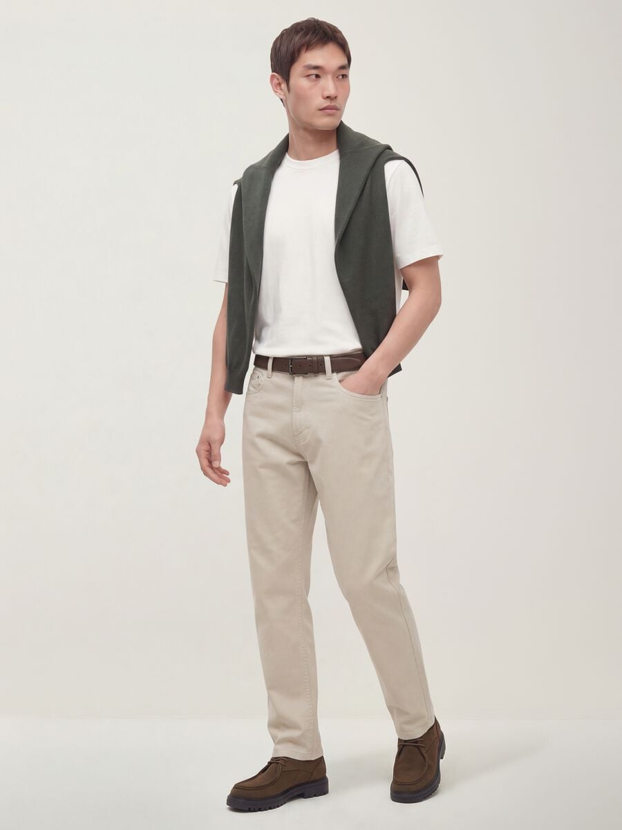 Grey straight-leg stretch cotton twill trousers_0