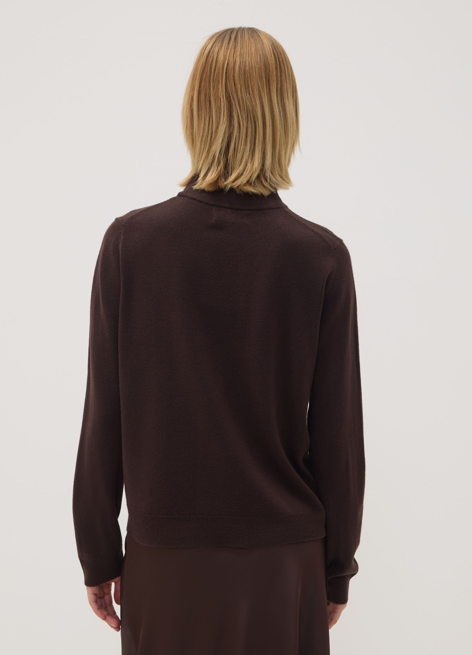 Brown long-sleeve top with raised neck, regular fit