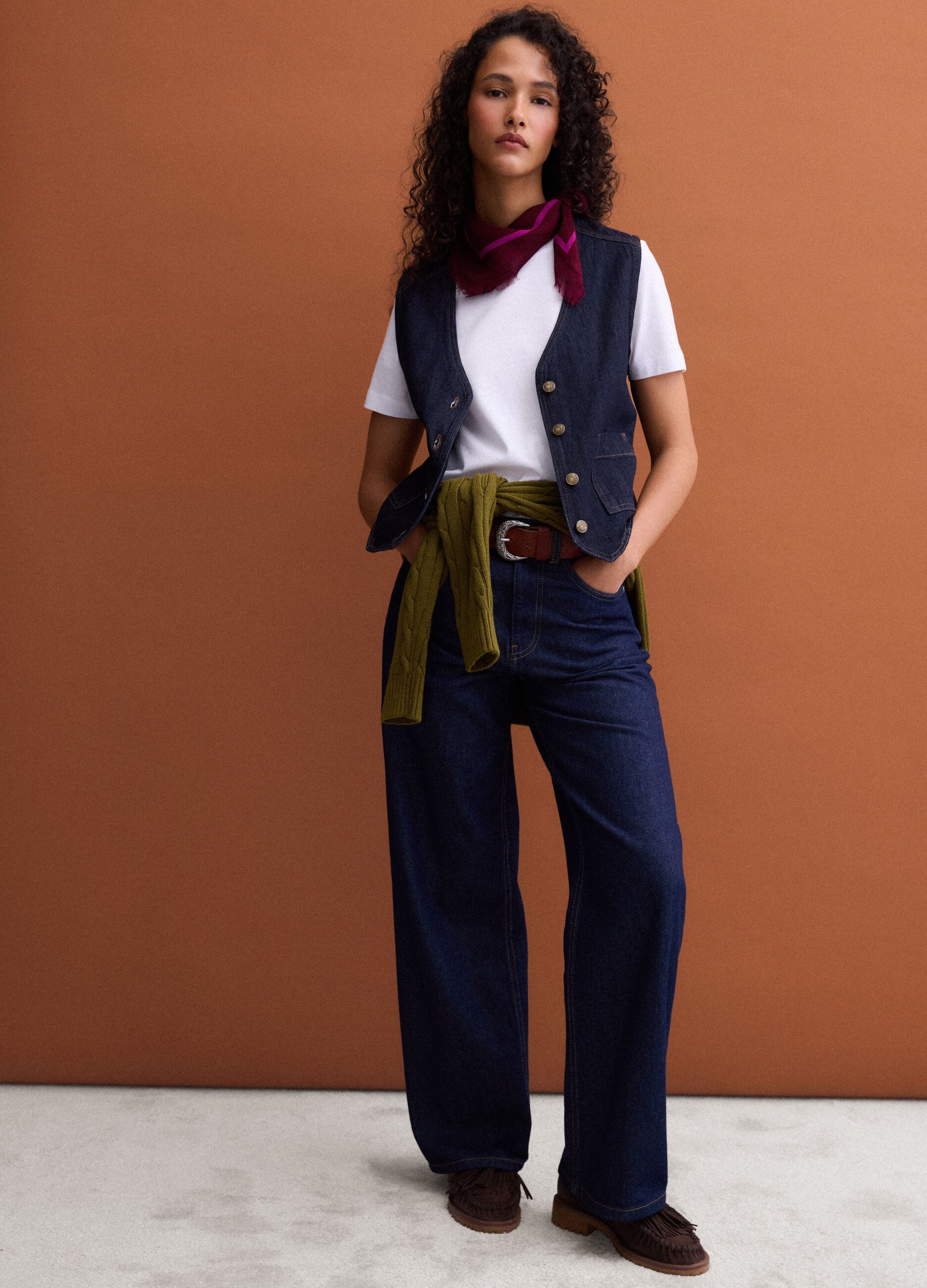 Blue pure cotton denim waistcoat with buttons, regular fit