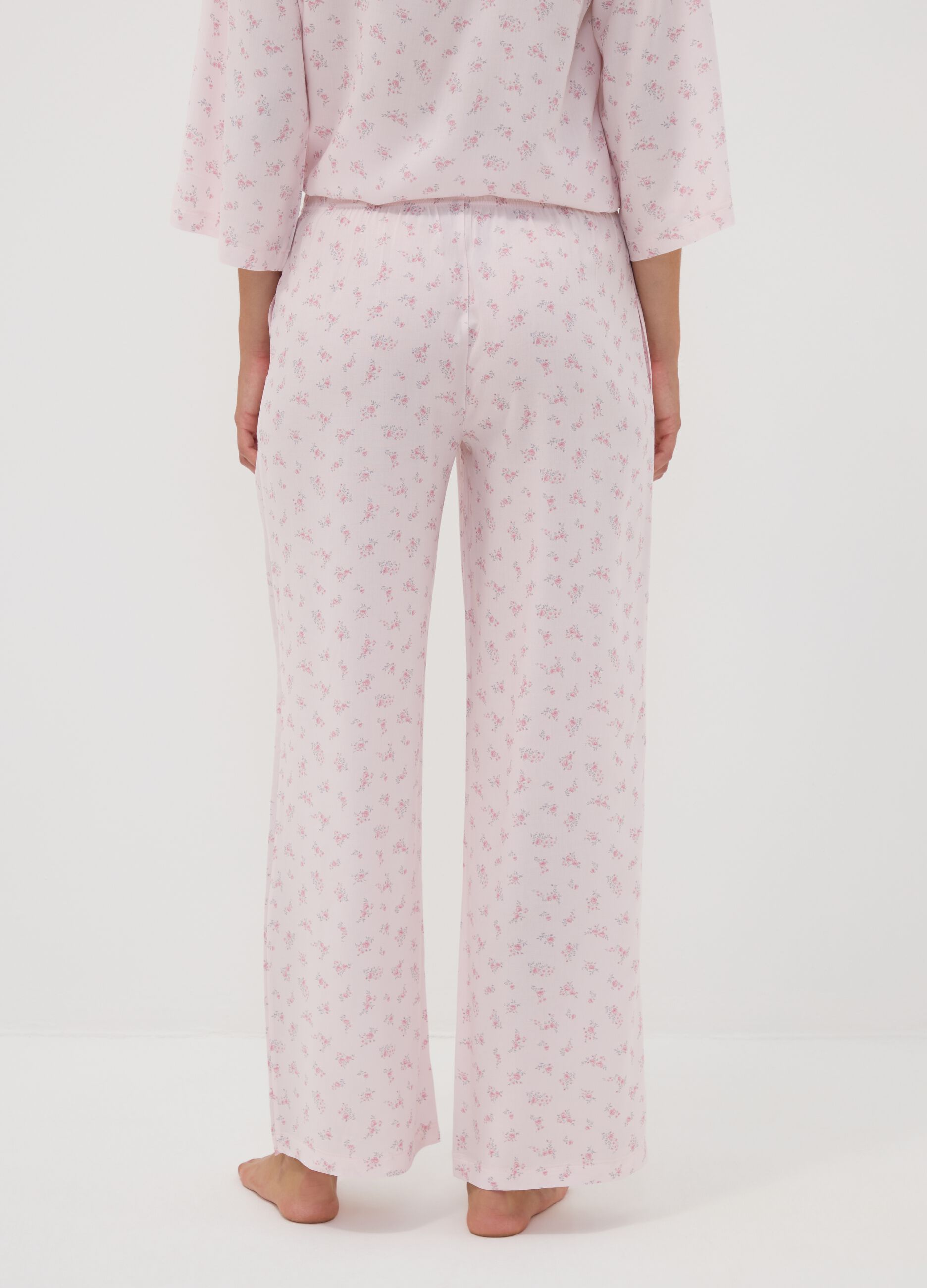 Rosa Pyjamahose aus reiner Viskose mit Blumenmuster