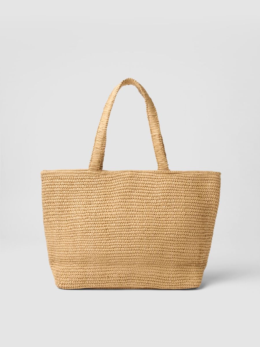 Beige cotton-blend and paper-fabric beach bag with bead detailing_1