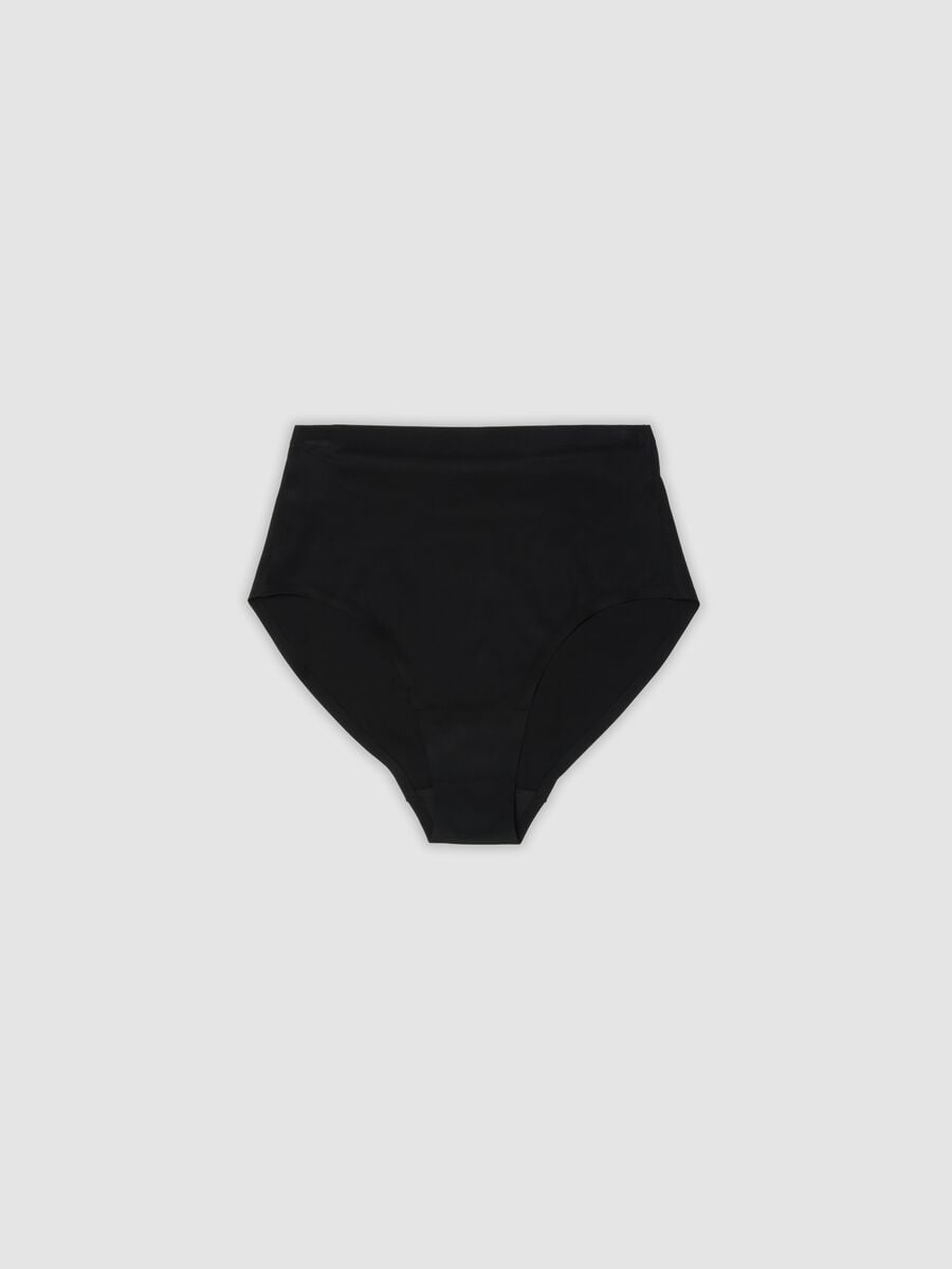 Black high-waisted Brazilian briefs in stretch fabric with a shaping effect_0