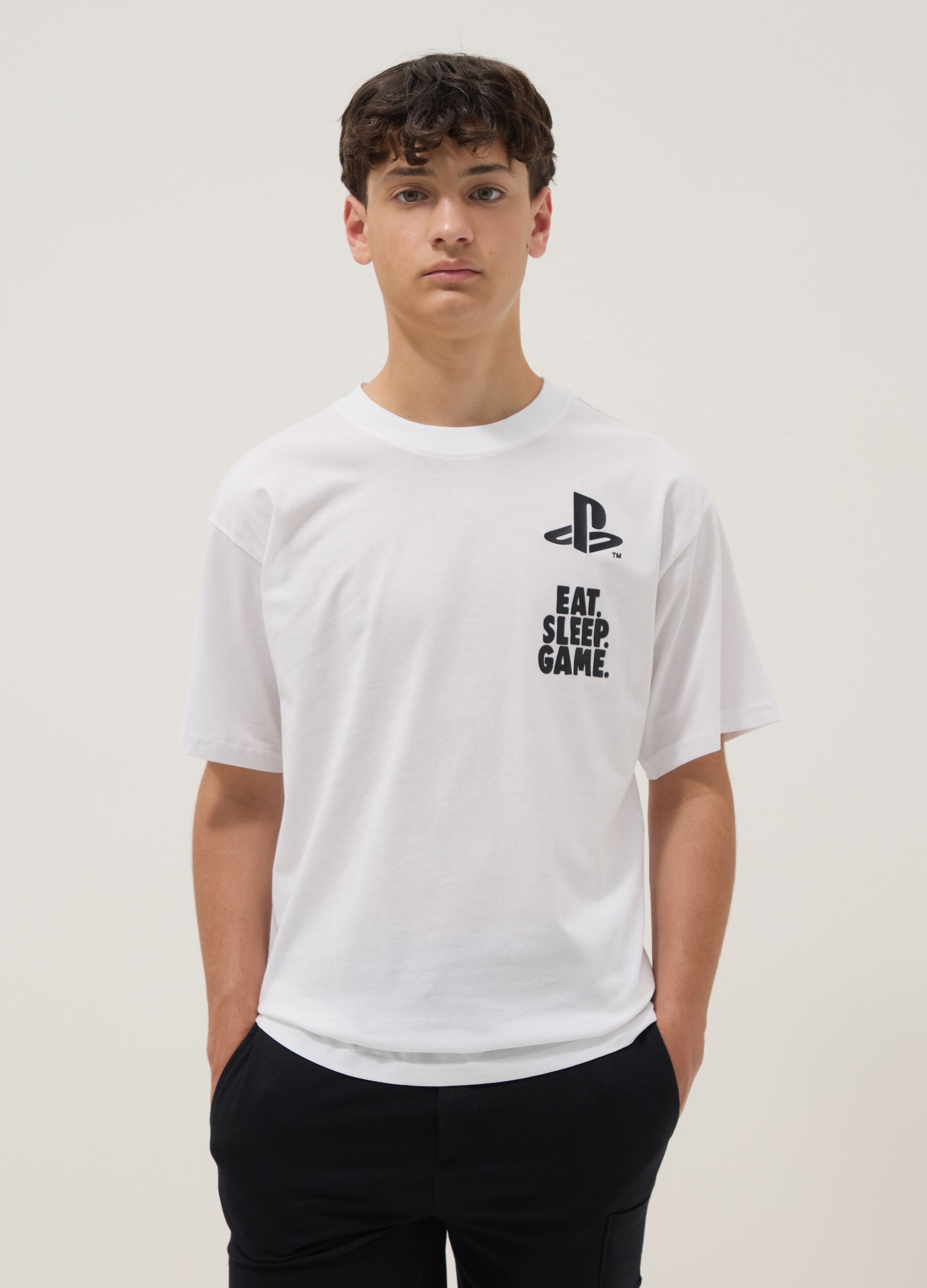 Wei&szlig;es Jungen-T-Shirt mit PlayStation-Logo aus reiner Baumwolle, Relaxed Fit