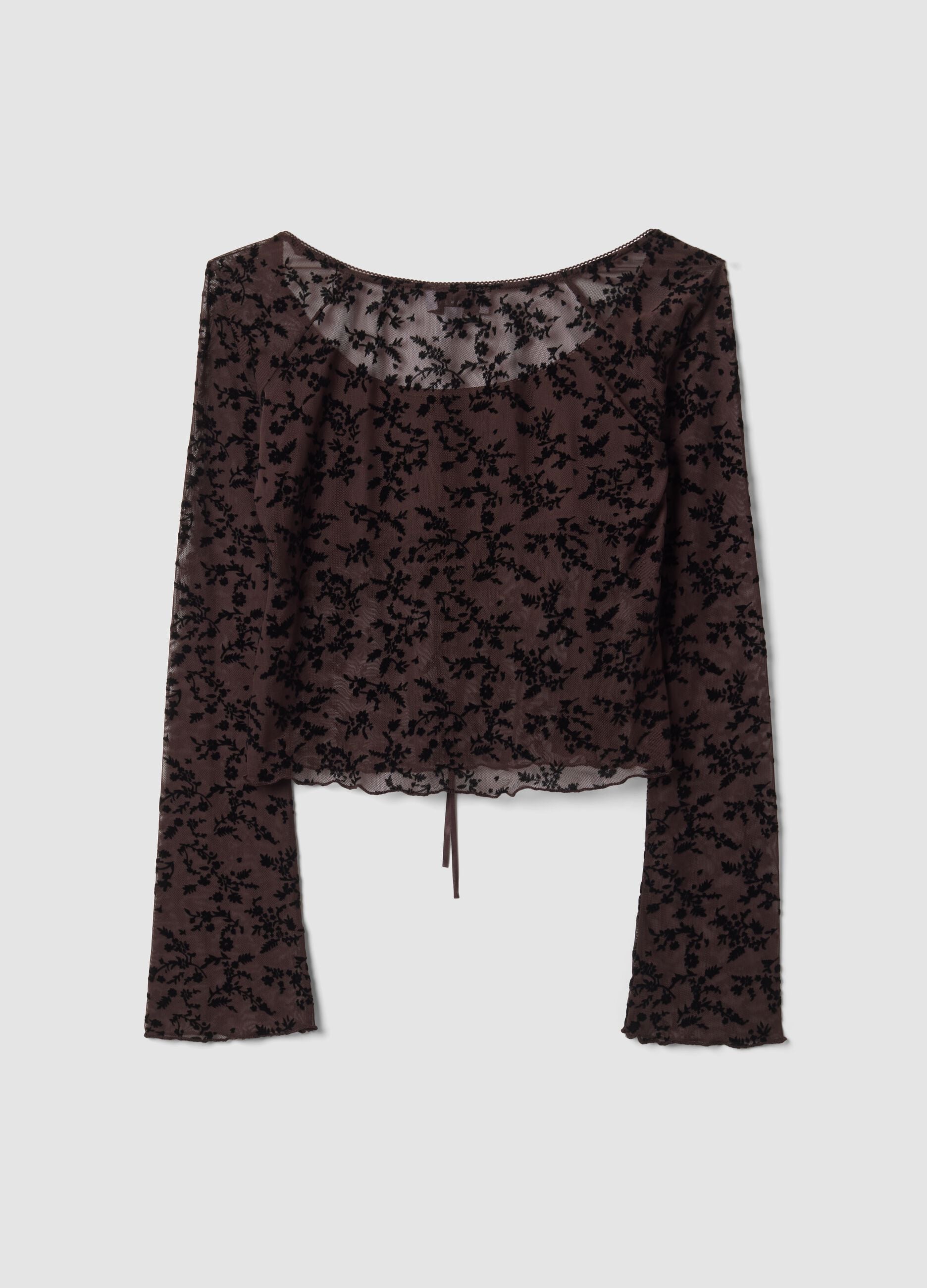 Brown stretch T-shirt with flocked floral print