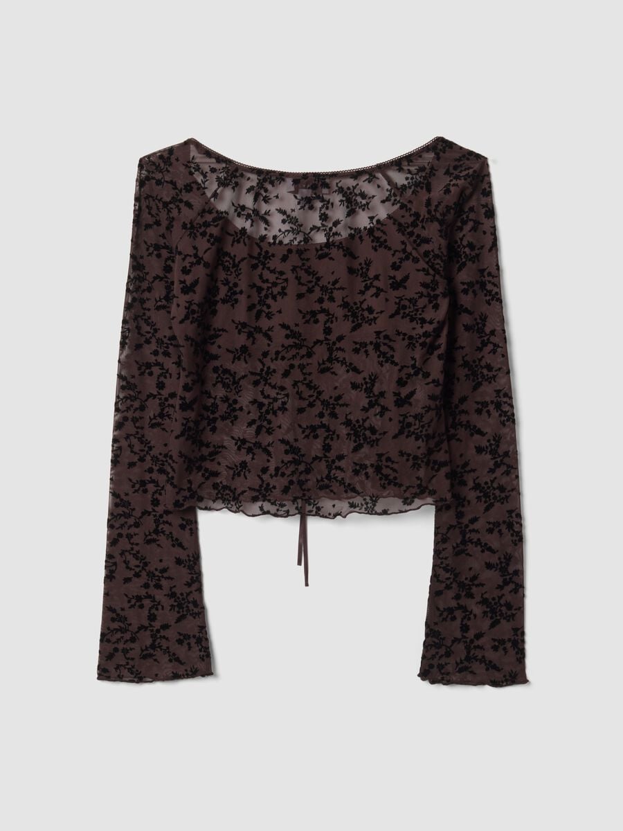 Brown stretch T-shirt with flocked floral print_6
