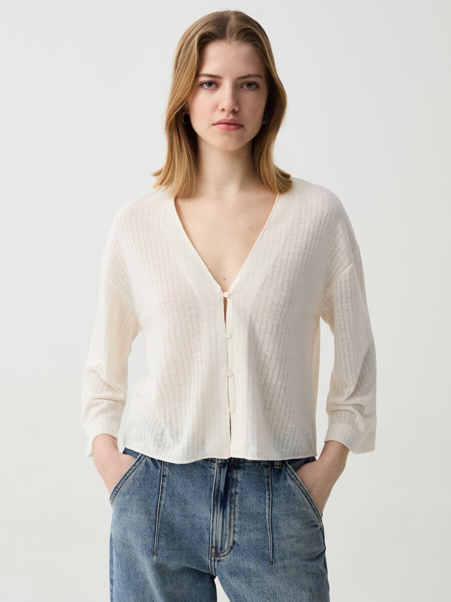 Flat-ribbed cardigan with V neck_1