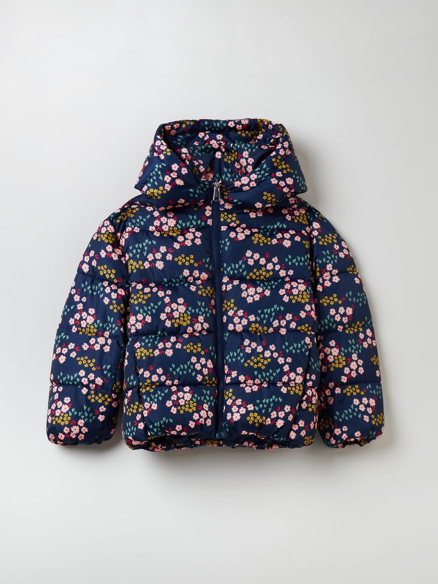 Quilted down jacket with small flowers print_0