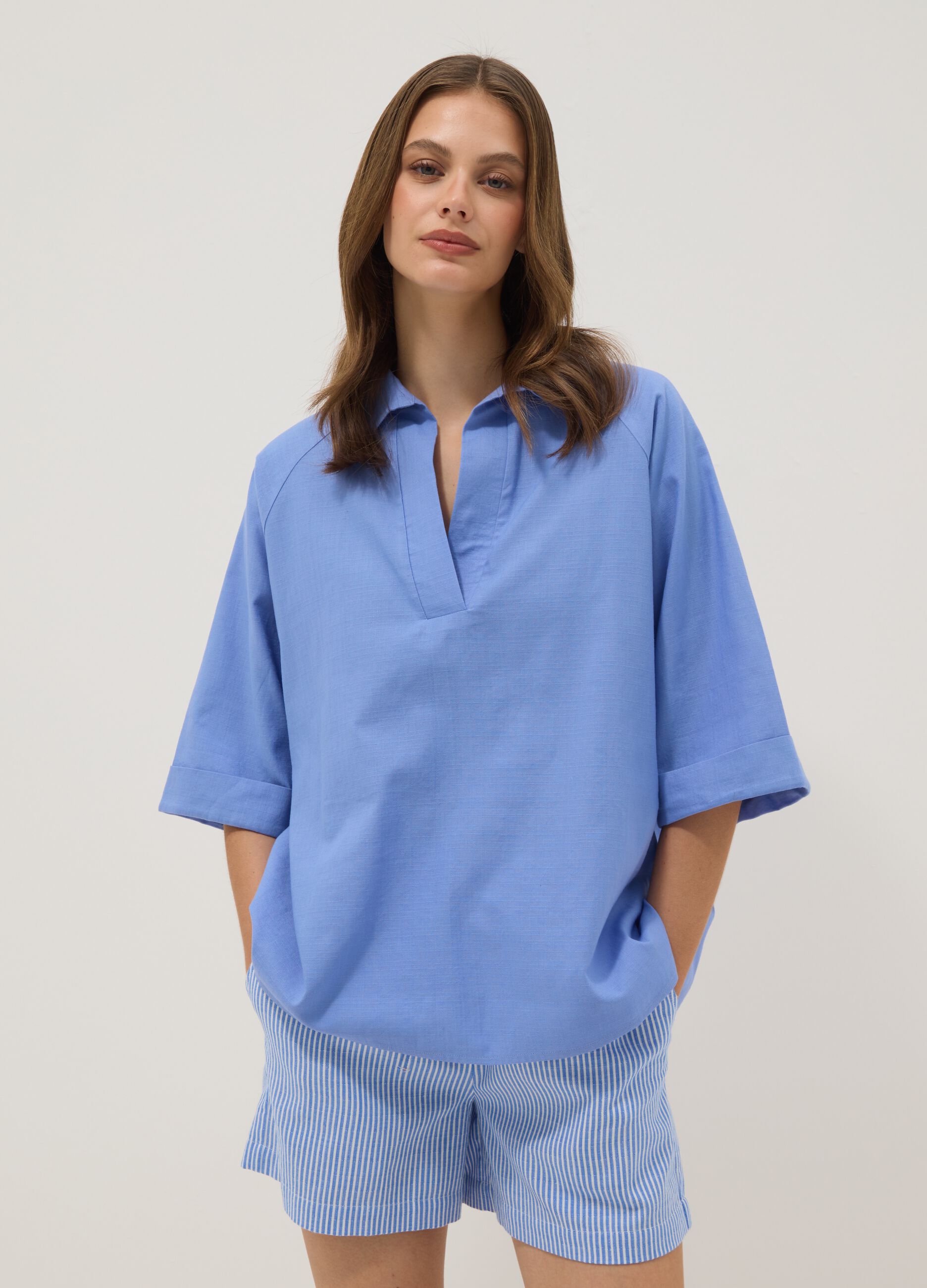Light blue pure cotton V-neck top