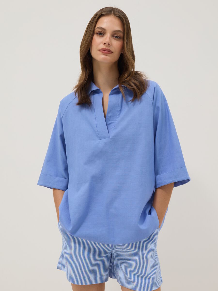Light blue pure cotton V-neck top_2