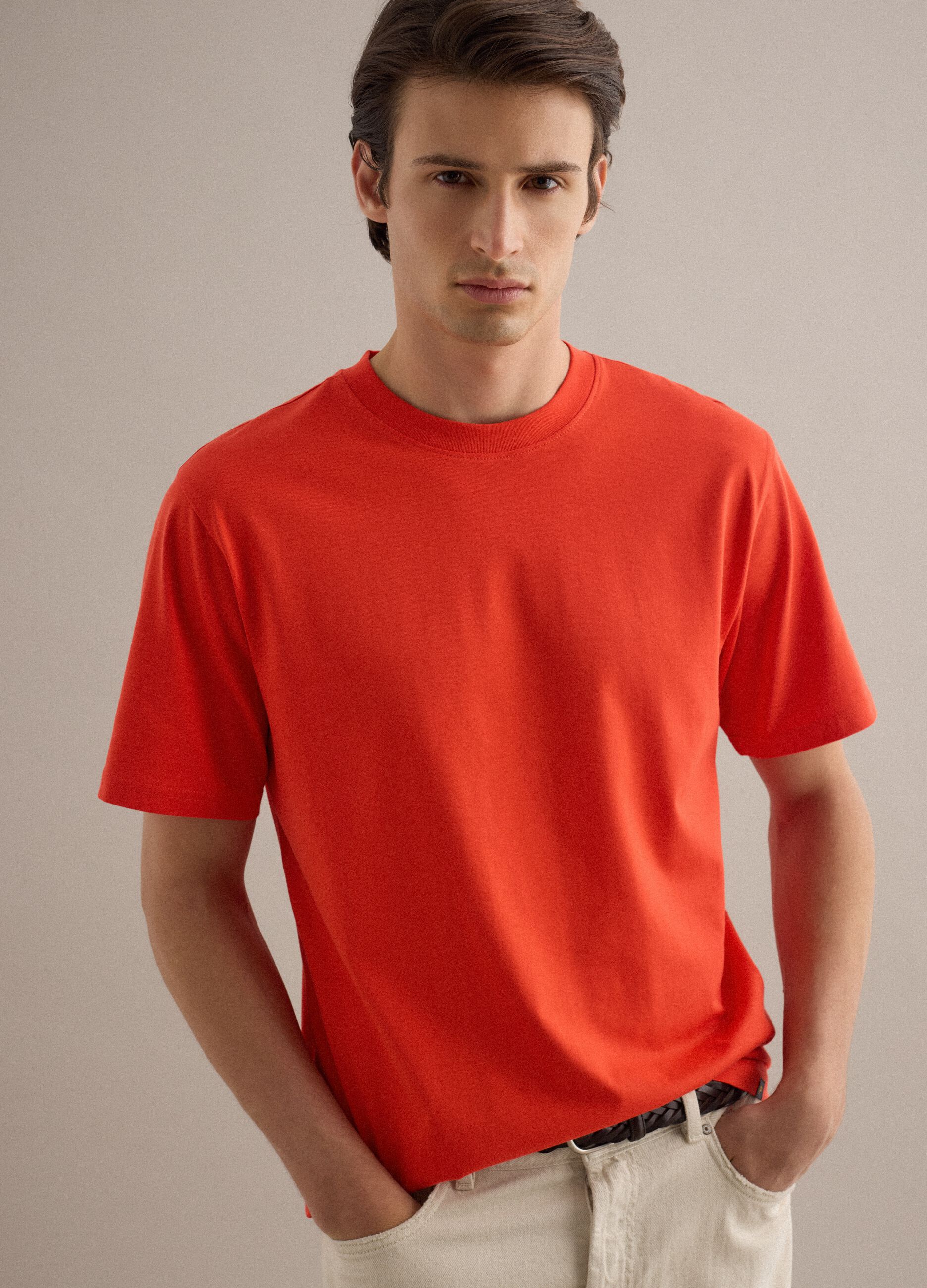 Orange Relaxed Fit Rundhals-T-Shirt aus reiner Baumwolle