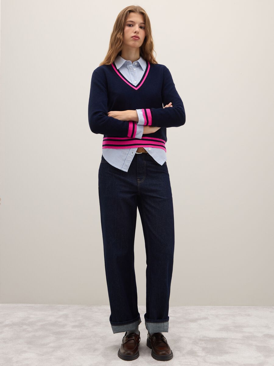 Multicolour blue pure wool sweater with striped regular fit_2