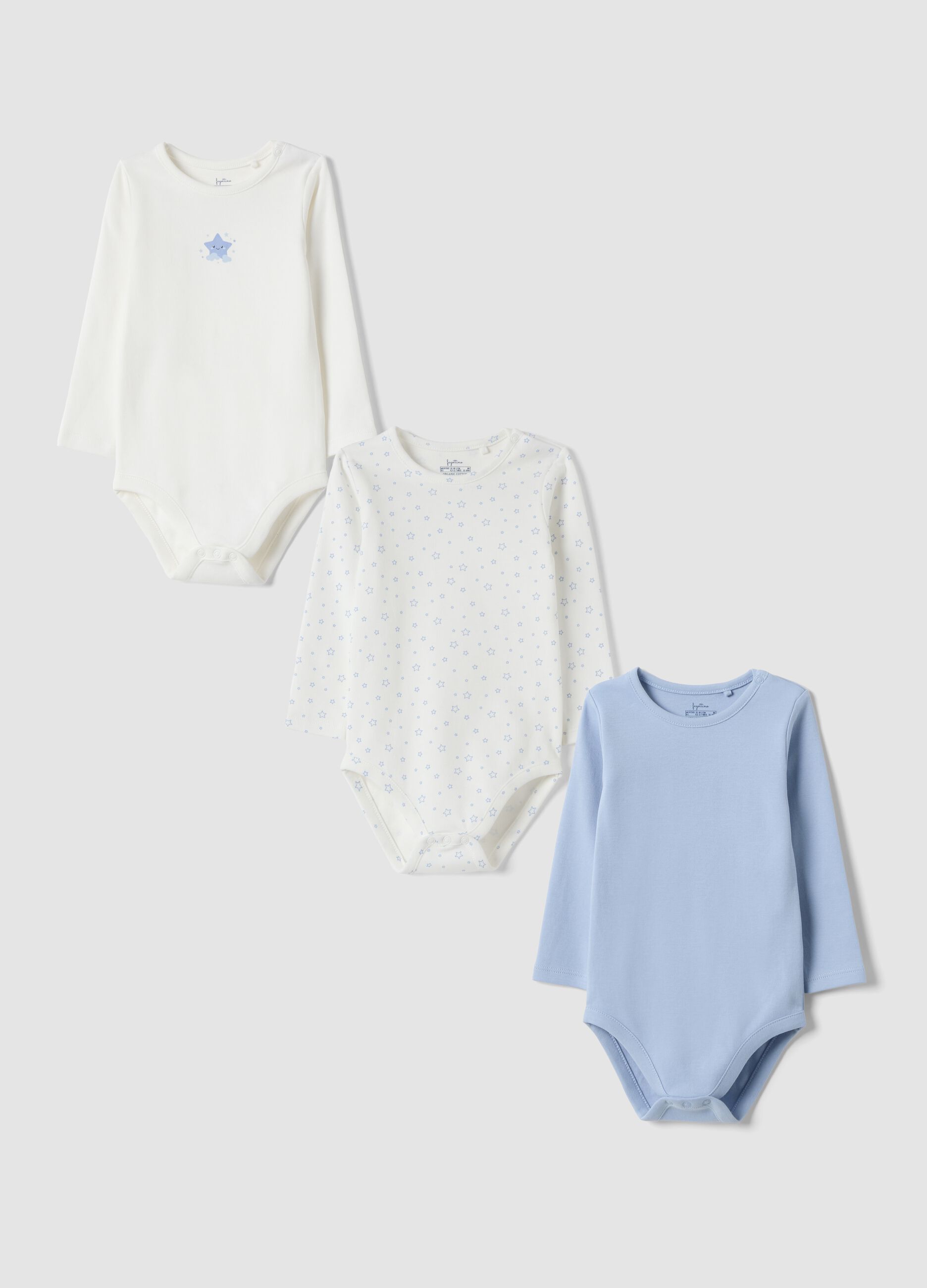 3-pack of blue and white organic cotton babygrows with crew neck