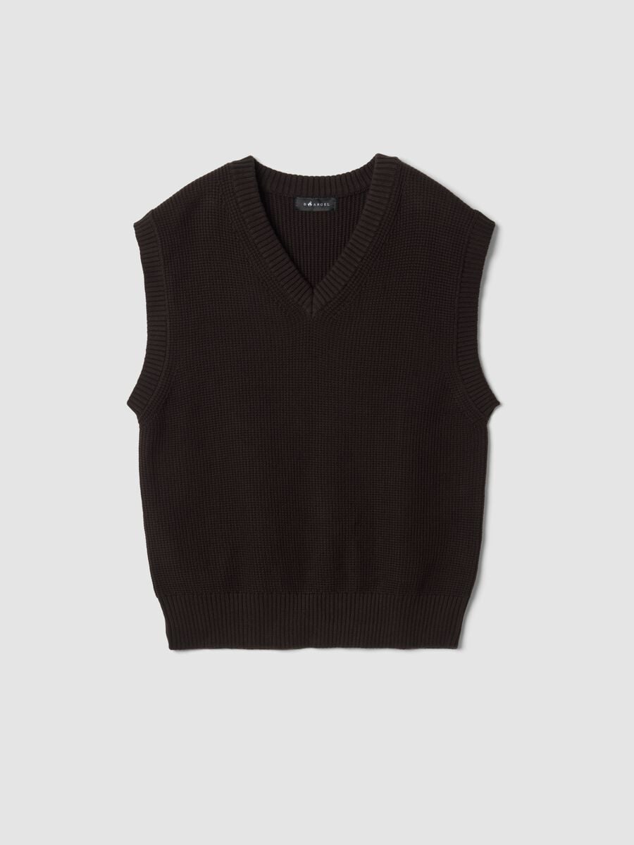 Brown pure cotton gilet with deep V-neck_0