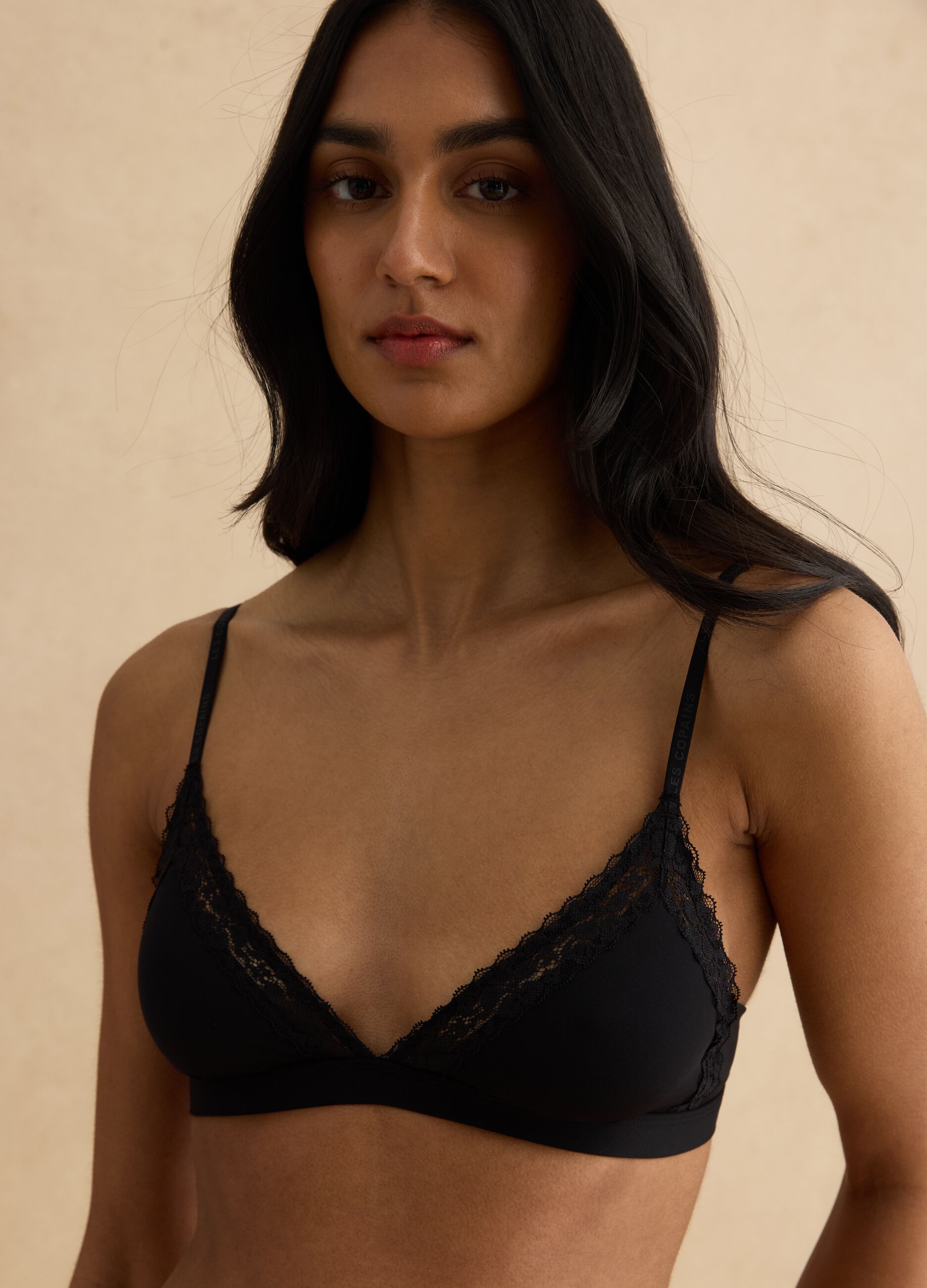 Black Triangle Bra with Lace Details