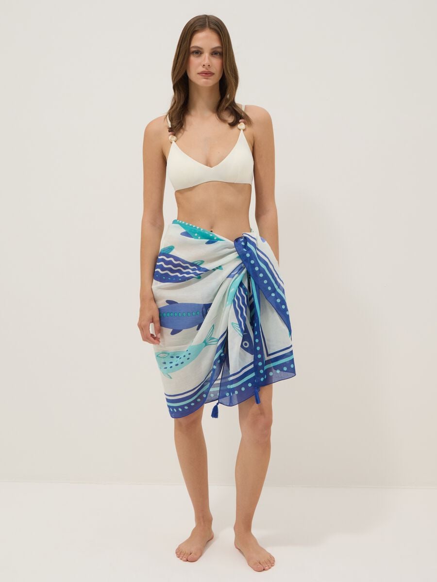 Blue pure cotton pareo with nautical print_1