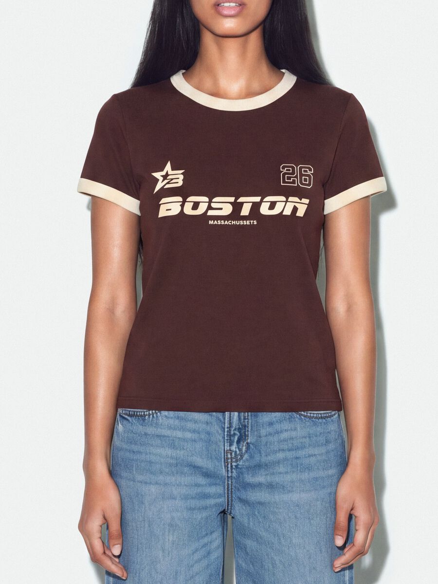 Brown cotton T-shirt with front graphic print and contrast trims_2