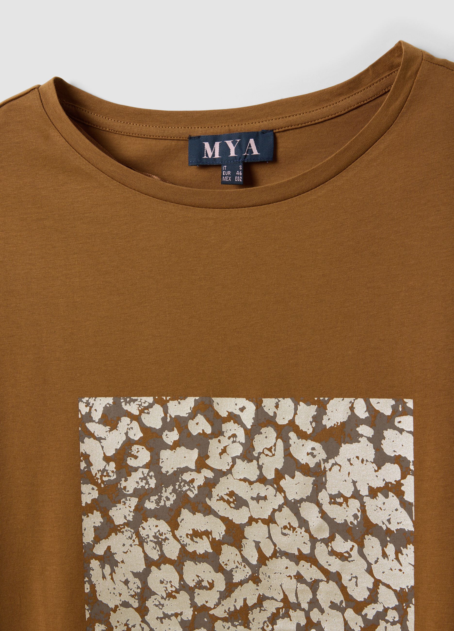 Brown pure cotton T-shirt with front print, regular fit