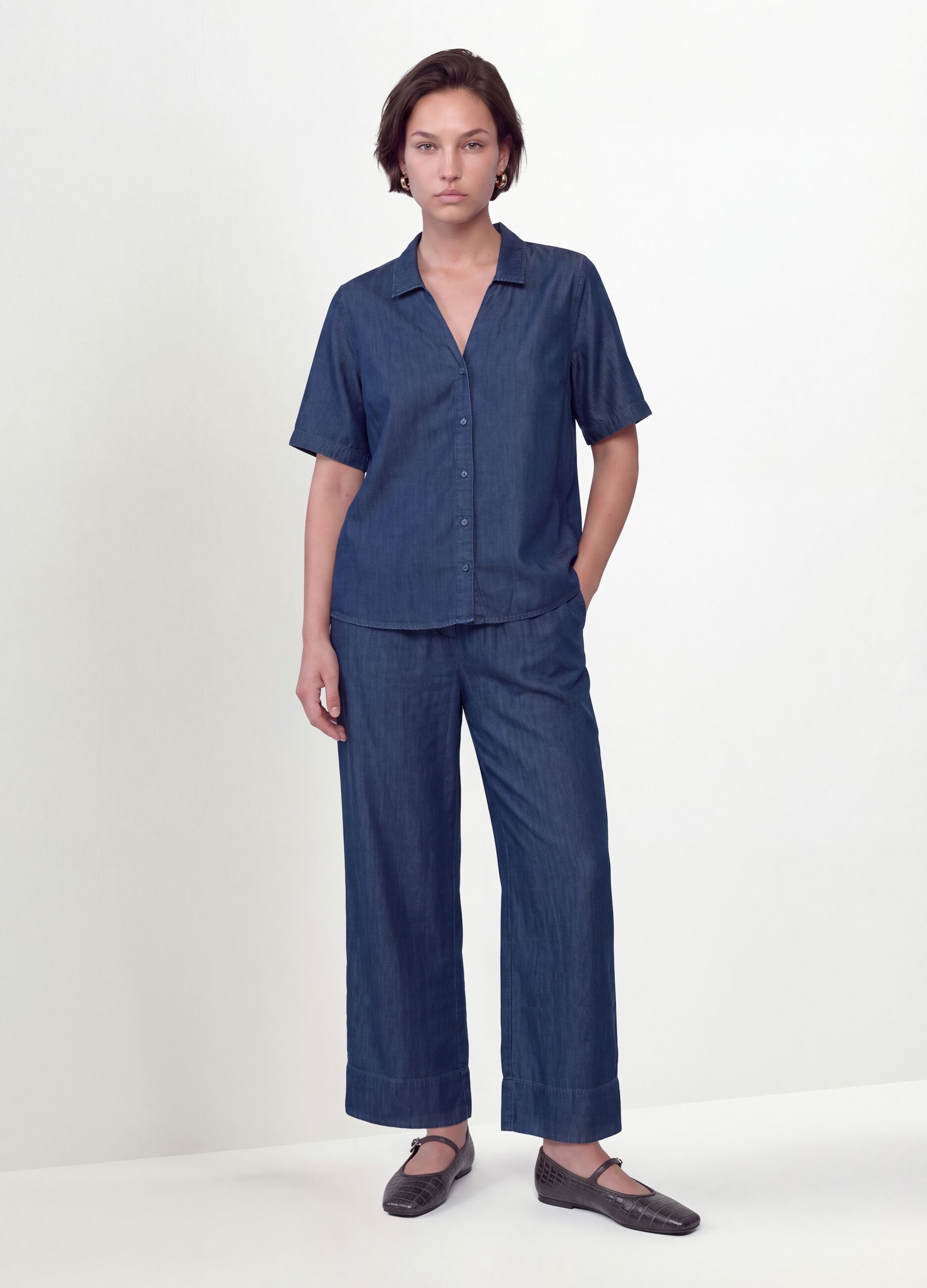 Blue pure lyocell short-sleeve shirt, regular fit