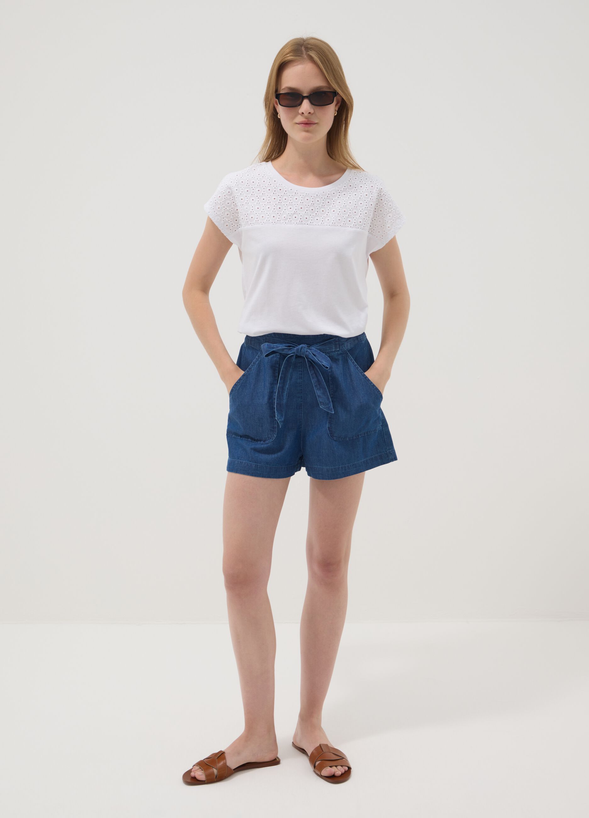 Blaue Denim-Shorts aus reiner Baumwolle mit elastischem Bund, Regular Fit