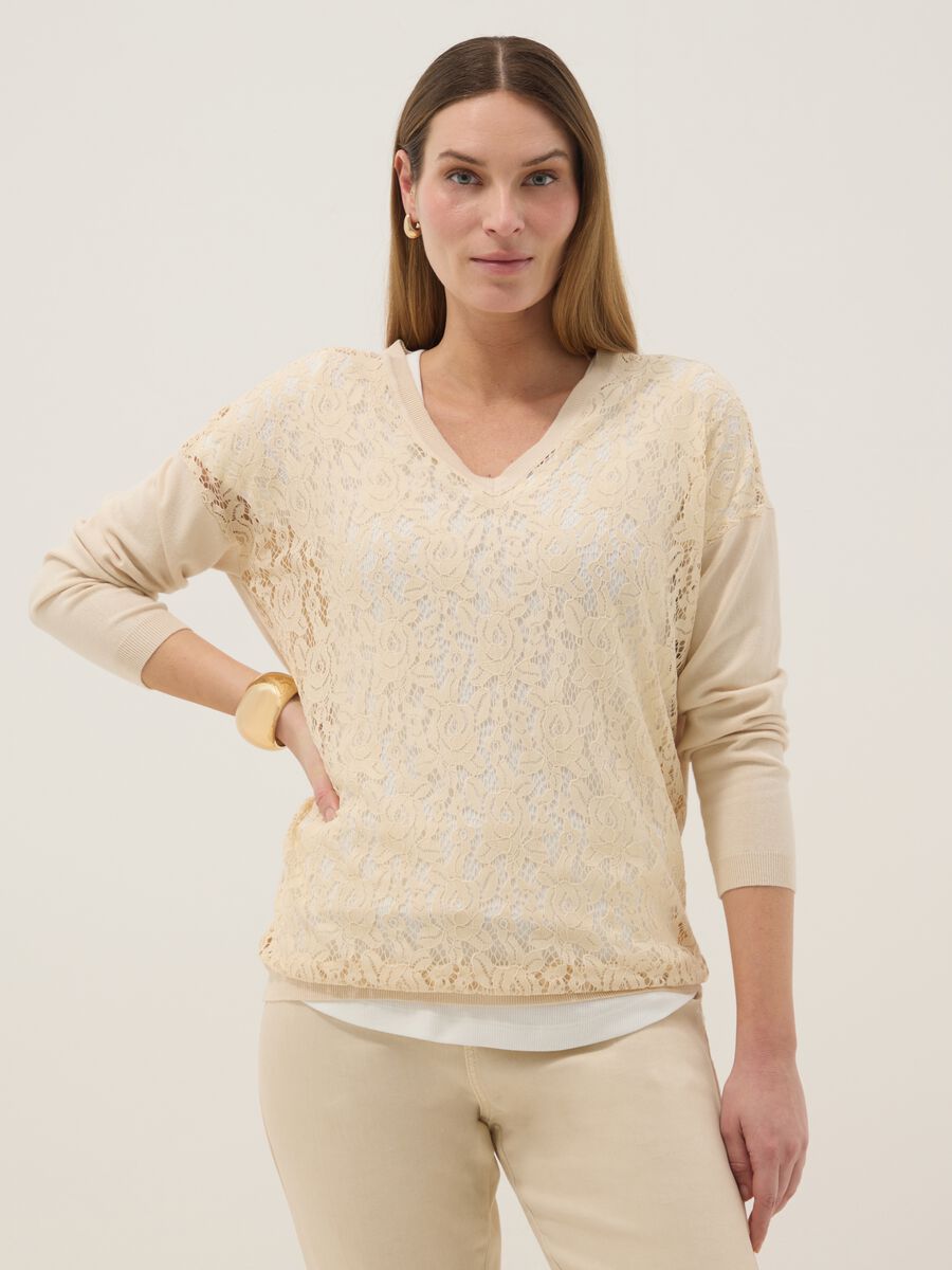 Maglione premaman beige in misto viscosa con lavorazione in pizzo_1