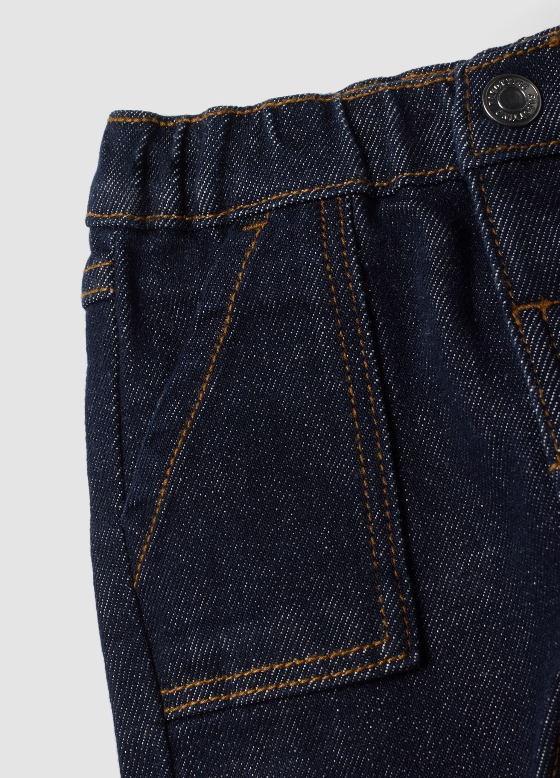Blue stretch-cotton denim trousers with teddy bear embroidery for baby