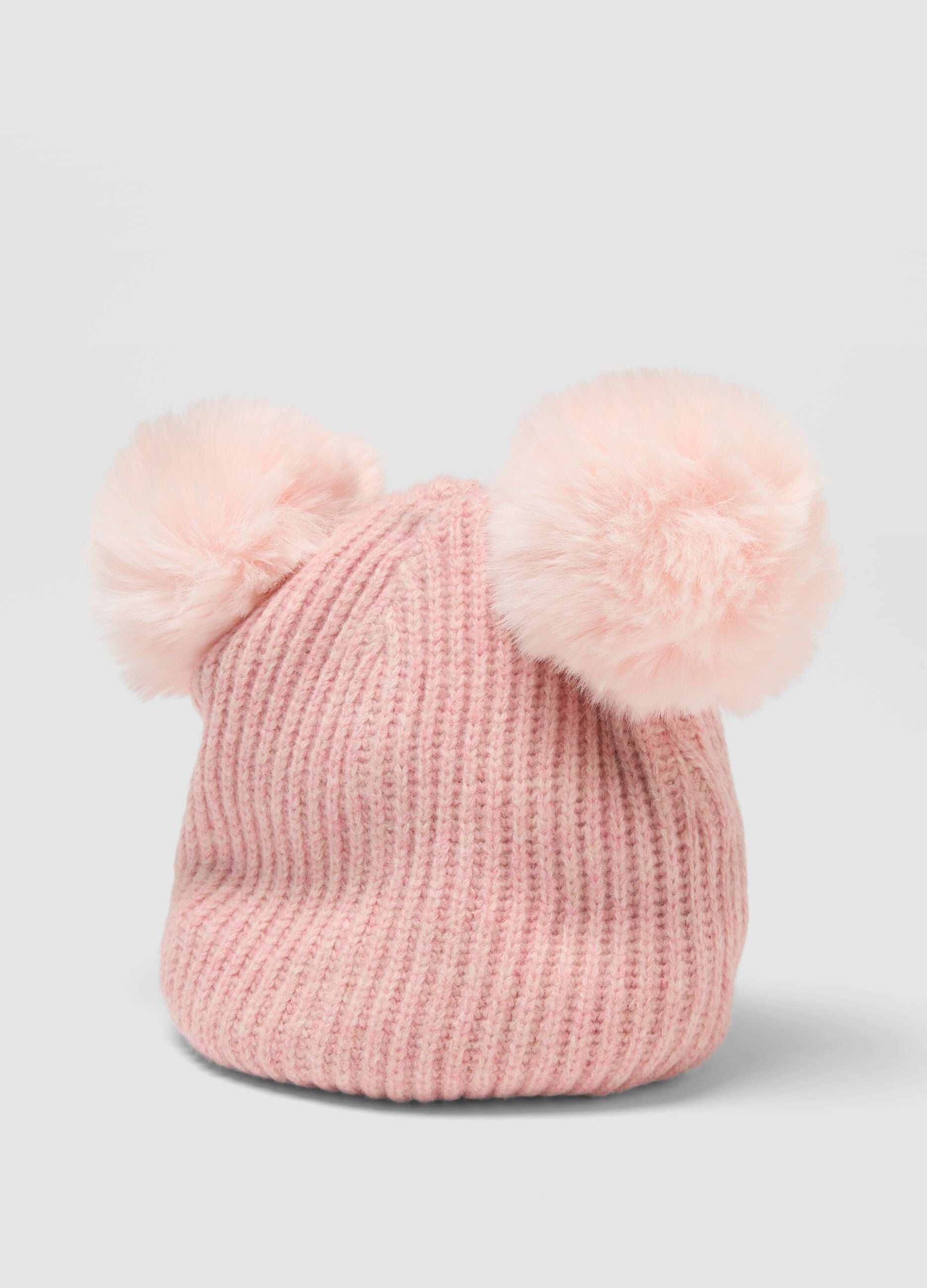 Pink ribbed wool-blend hat with two pom-poms