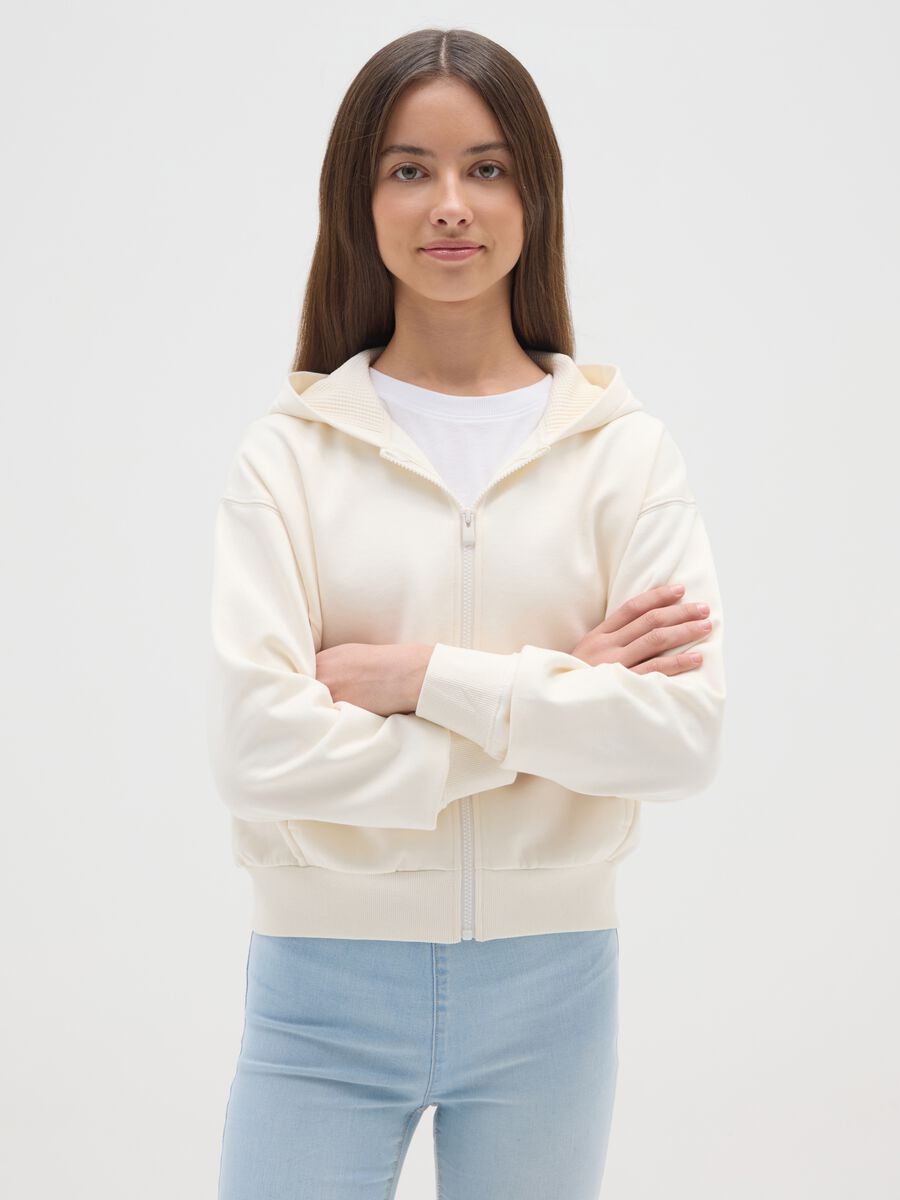 Girls' white hoodie in pure cotton regular fit with hood and zip_0