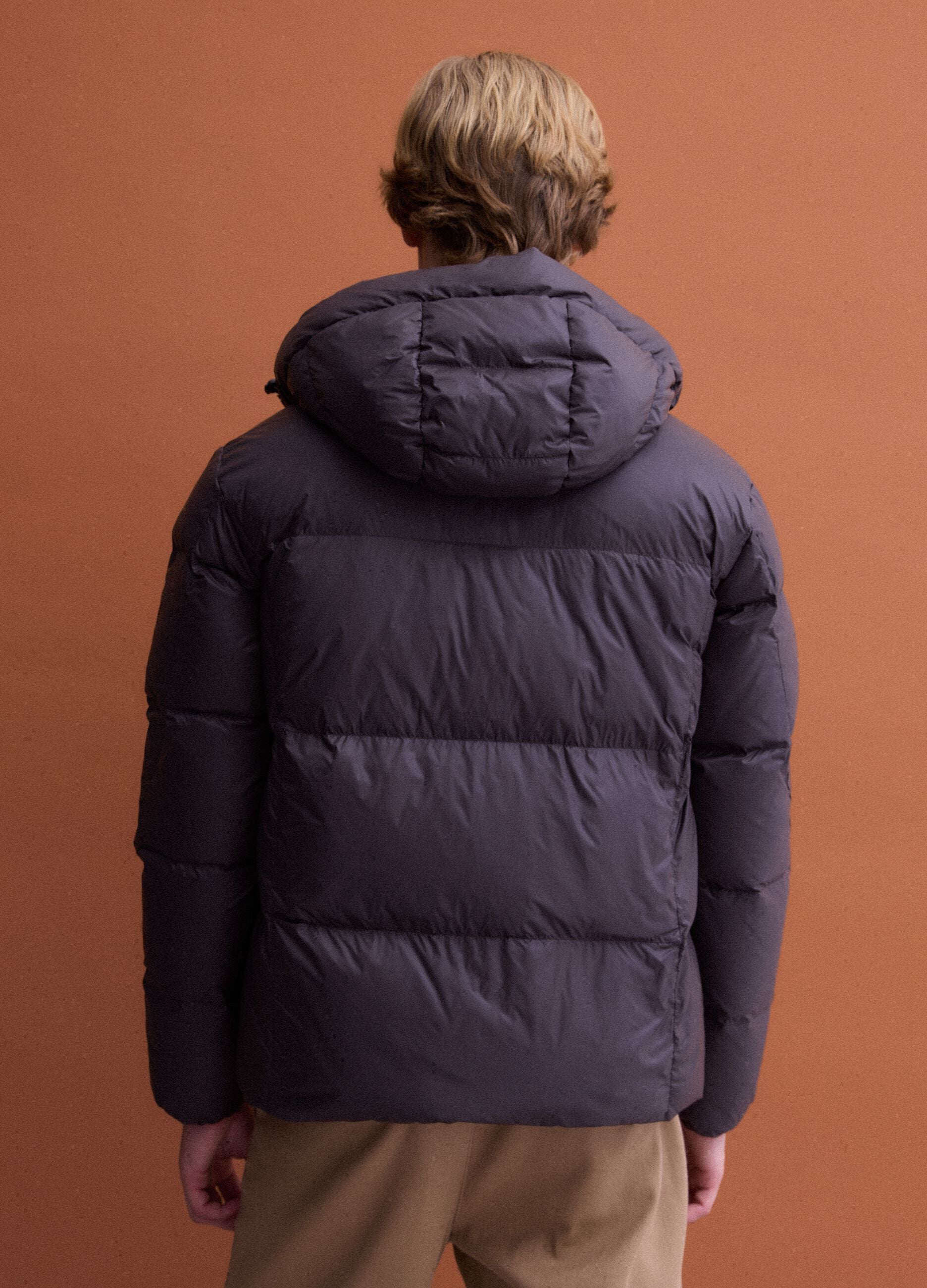 Brown padded puffer jacket with hood and zip, regular fit
