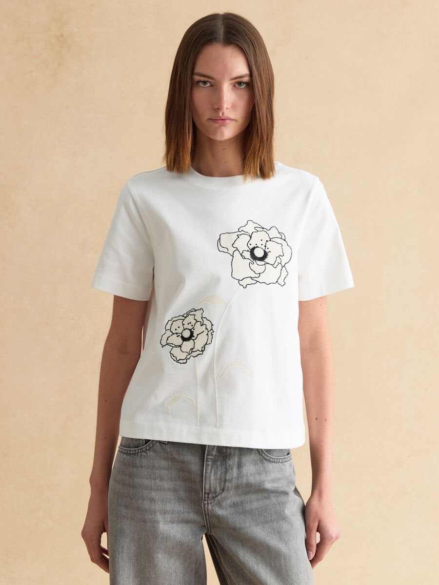 White regular fit pure cotton t-shirt with flowers_2