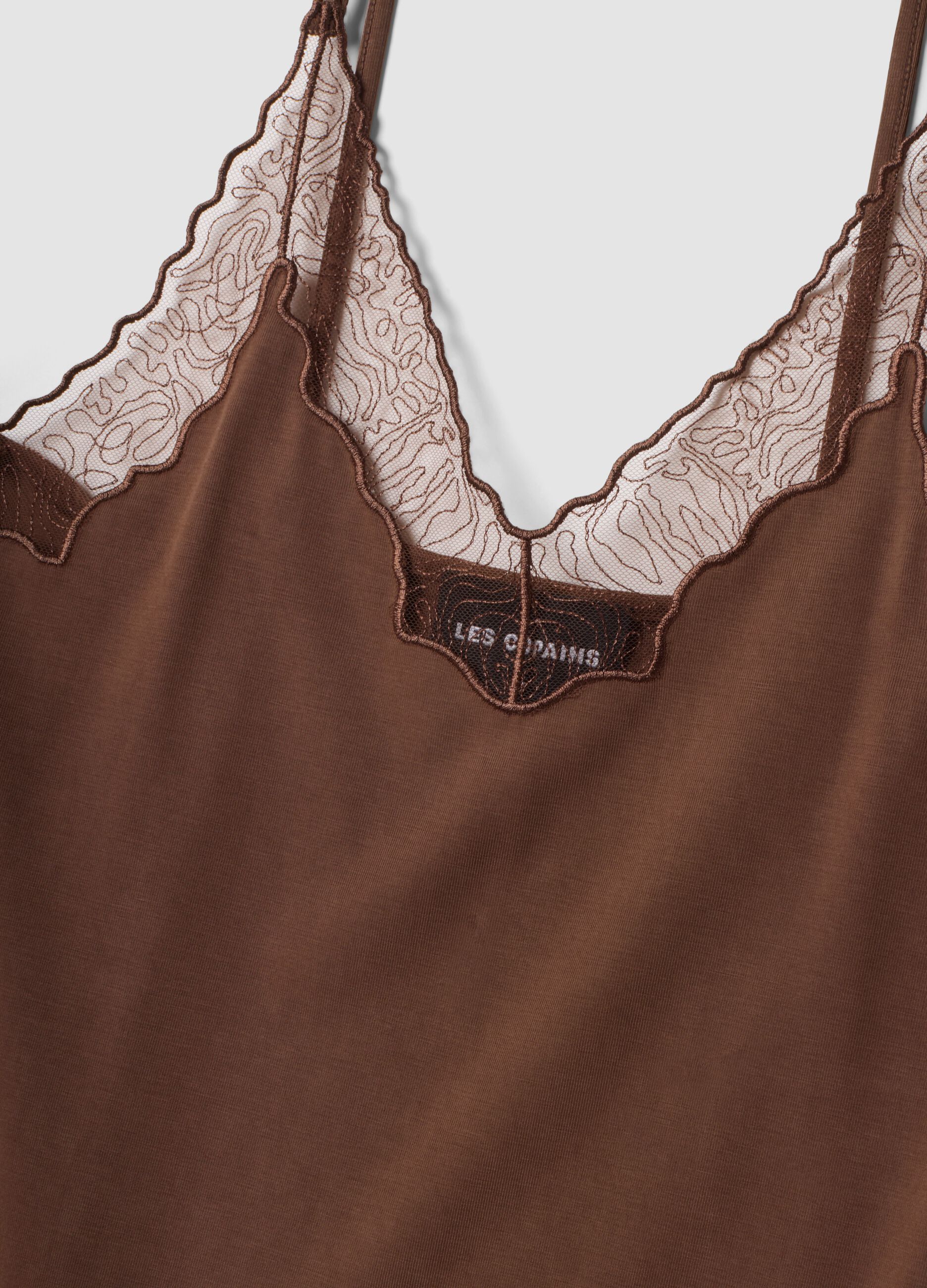 Tank top marrone in viscosa elasticizzata con pizzo e scollo a V
