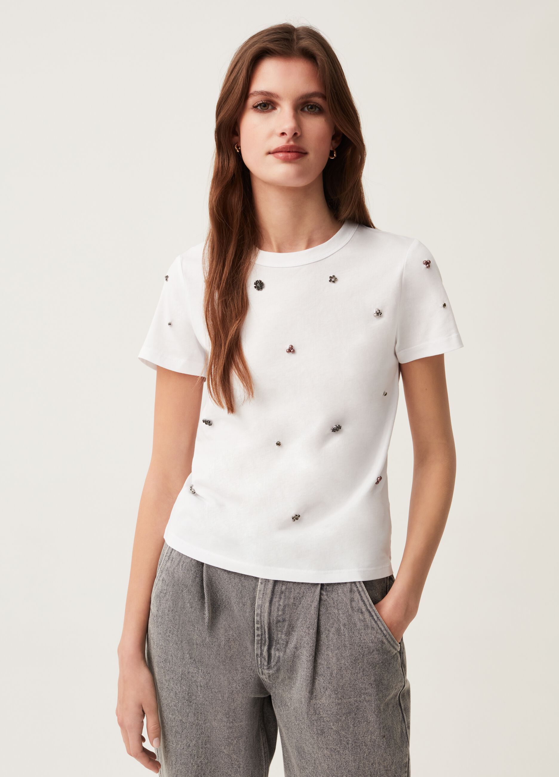Cotton T-shirt with diamanté motifs