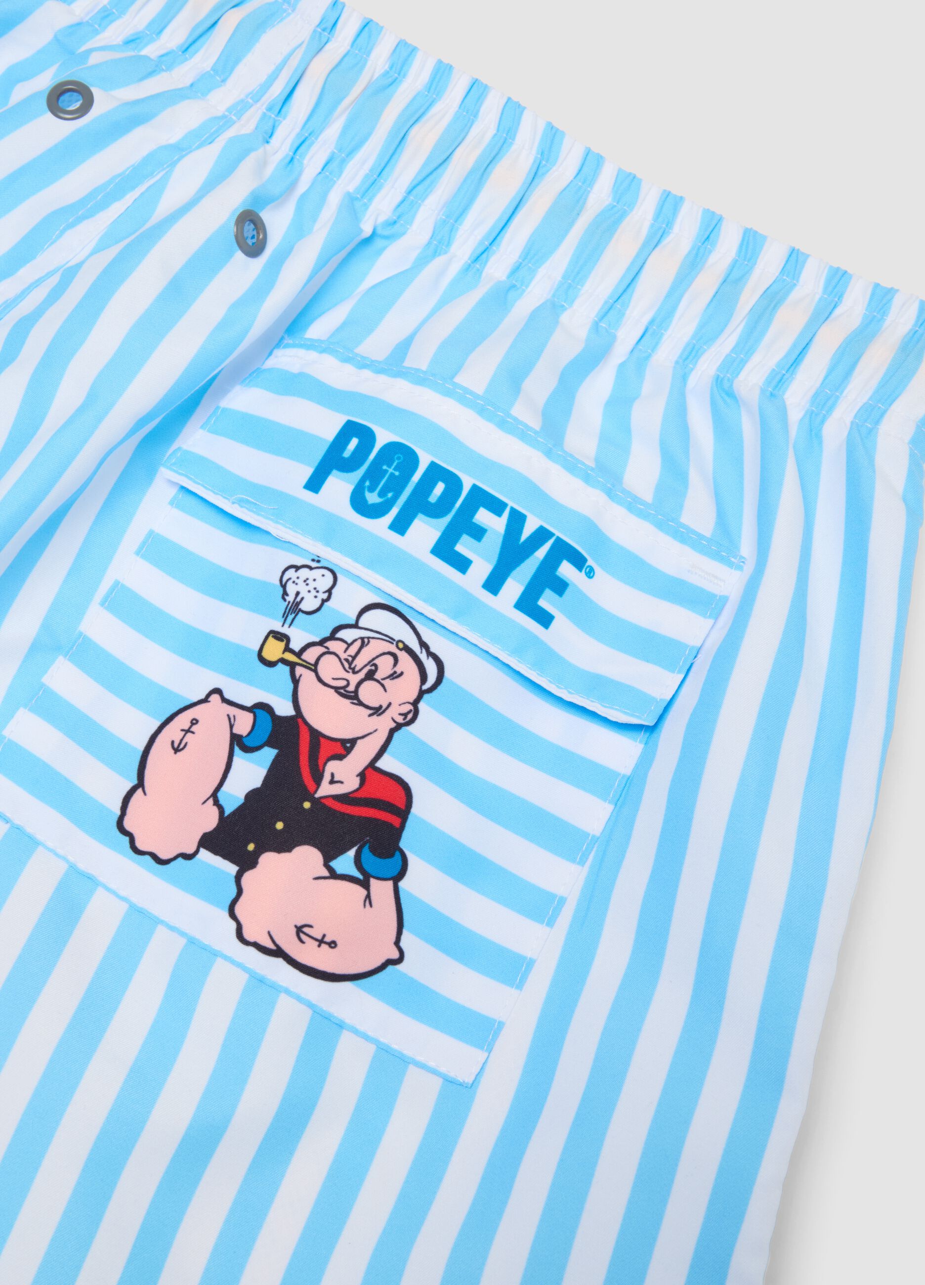 Mehrfarbig gestreifte Badehose mit Popeye-Motiv