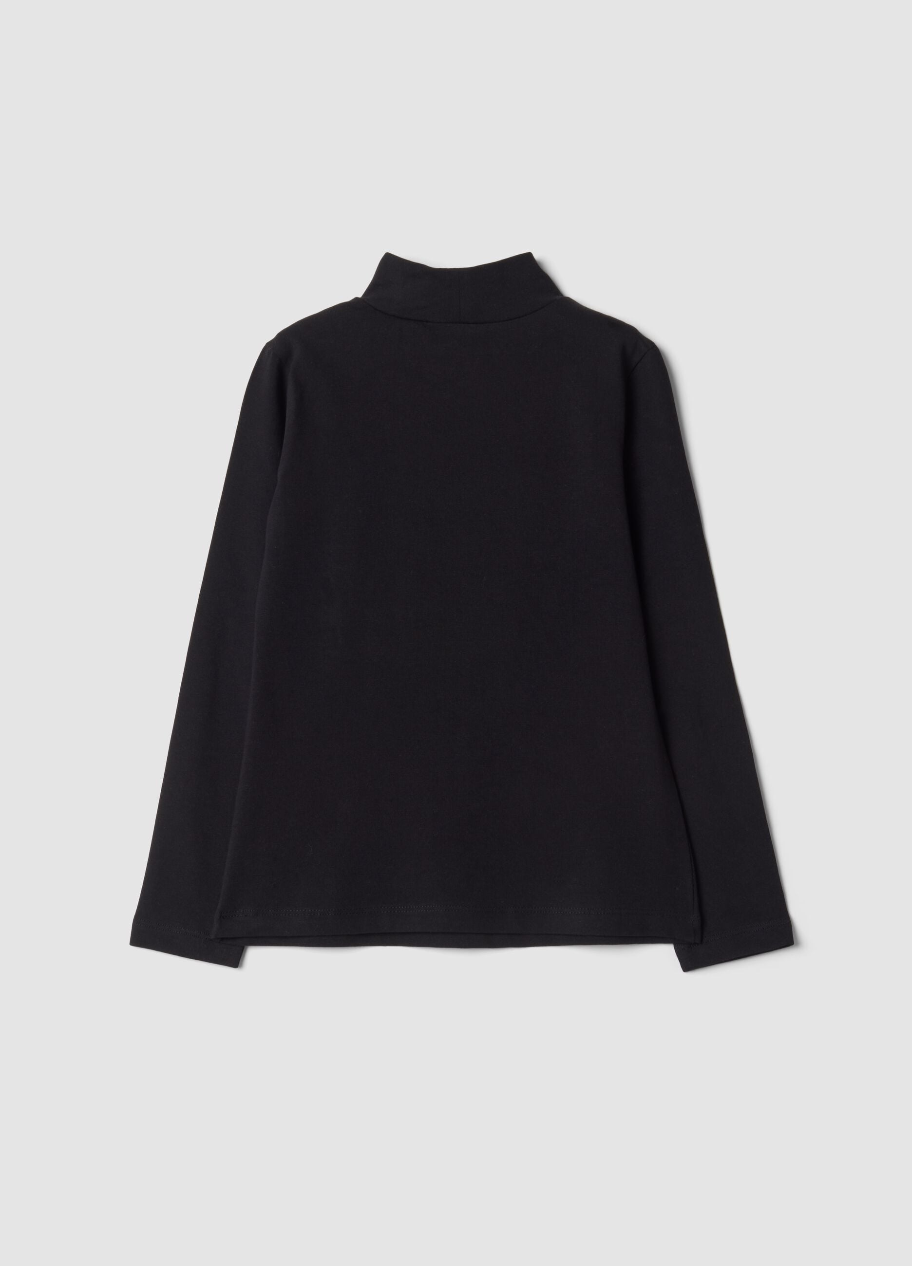 T-shirt nera in cotone elasticizzato con Collo rialzato