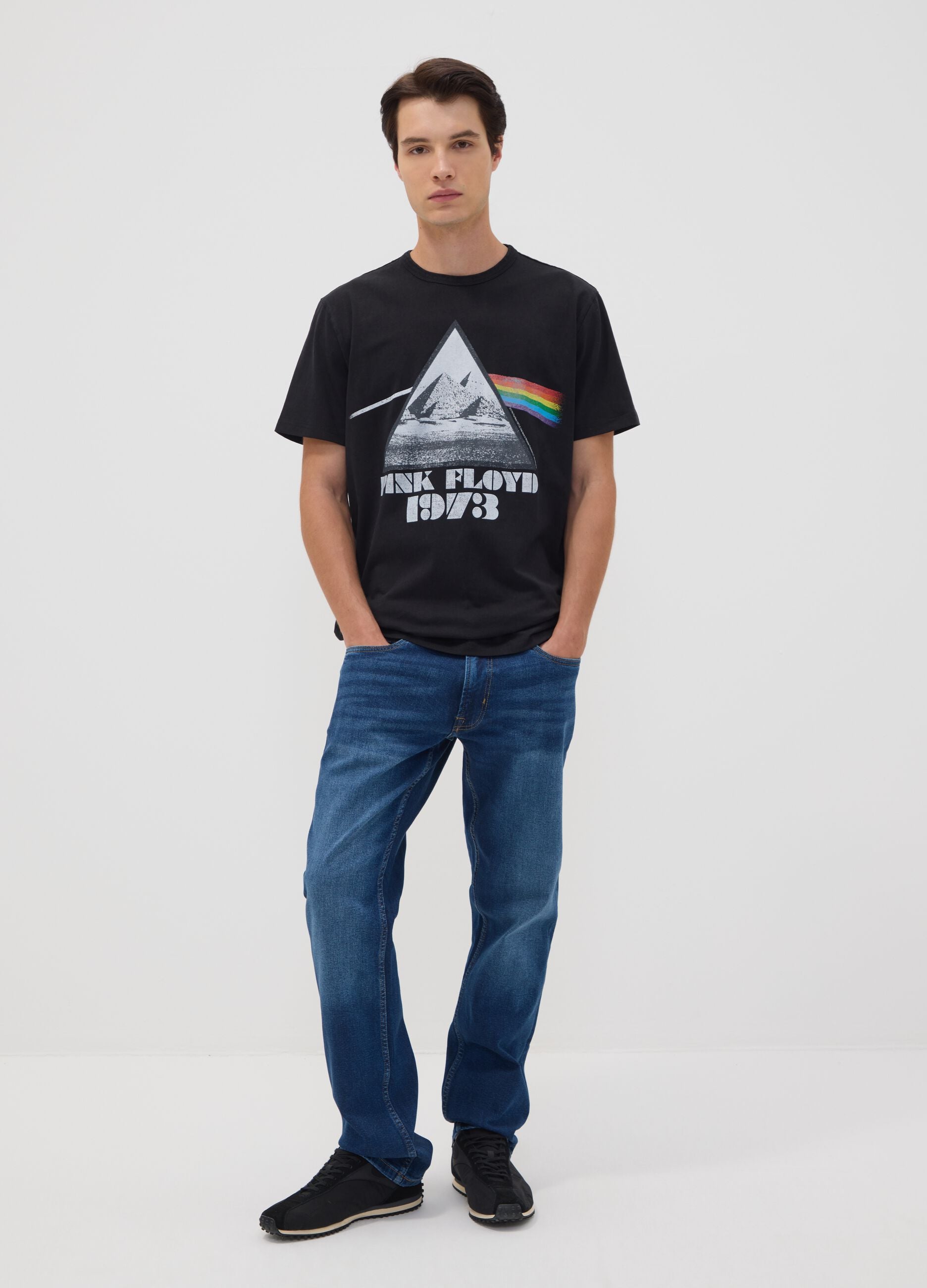 Black pure cotton T-shirt with Pink Floyd print