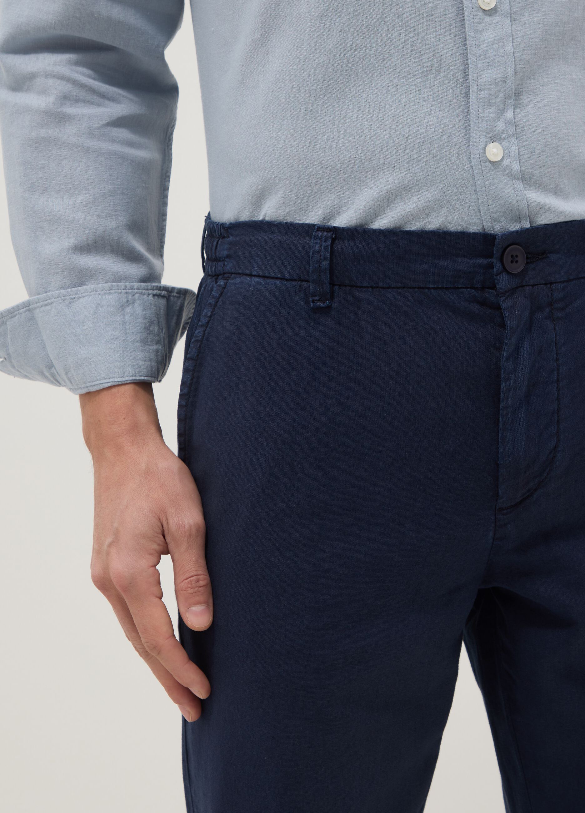 Blue linen and cotton blend chino trousers, regular fit